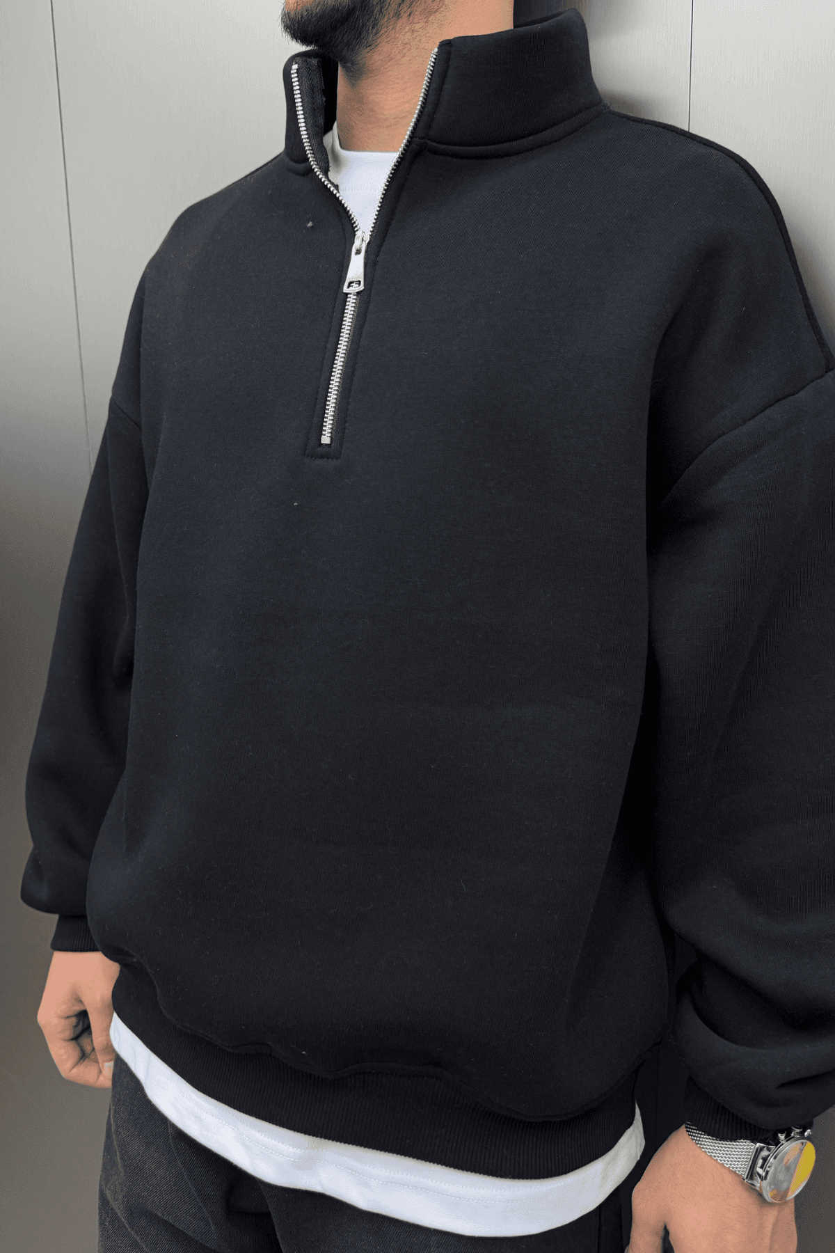 Half Zip Polo Yaka Siyah Sweatshirt