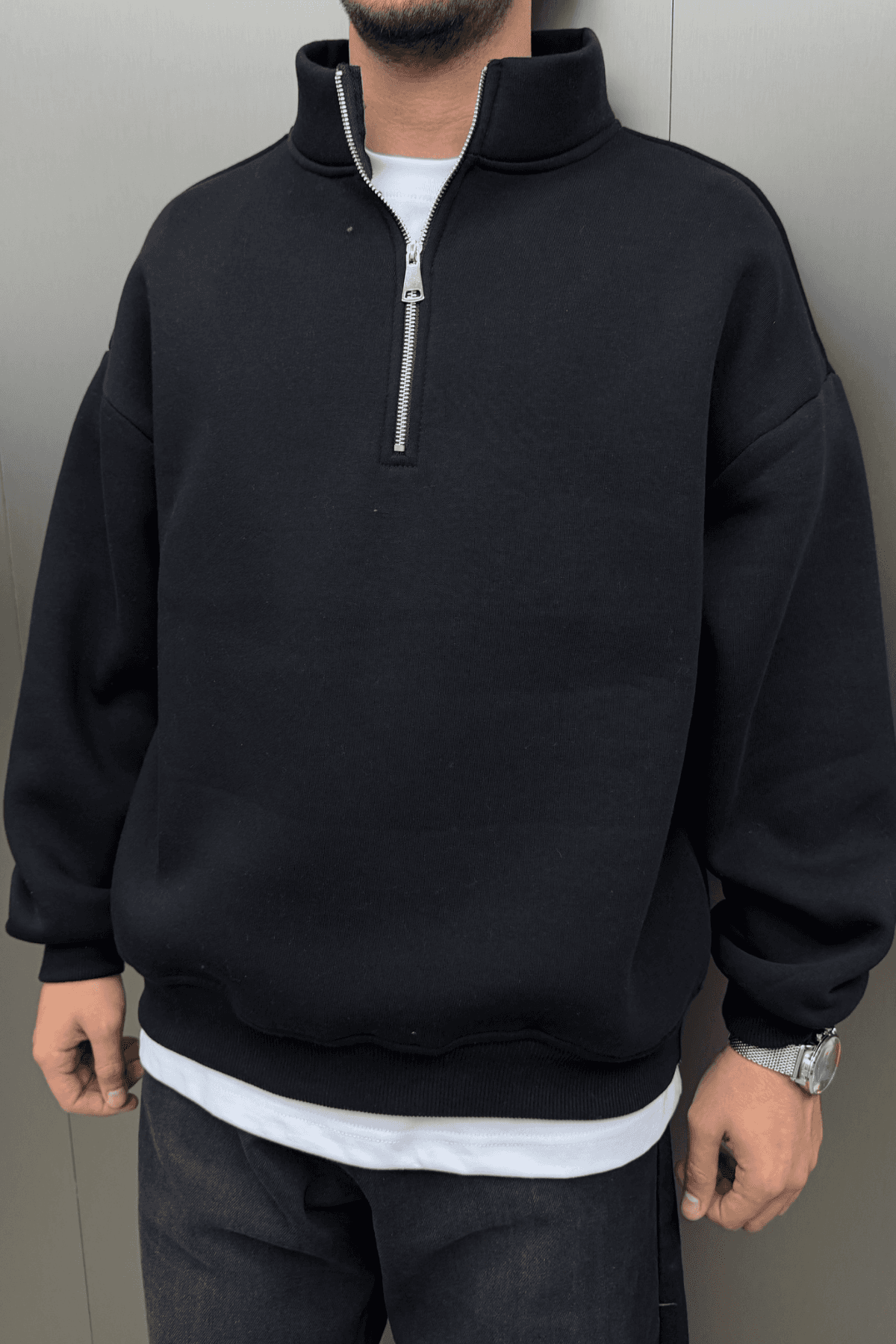 Half Zip Polo Yaka Siyah Sweatshirt