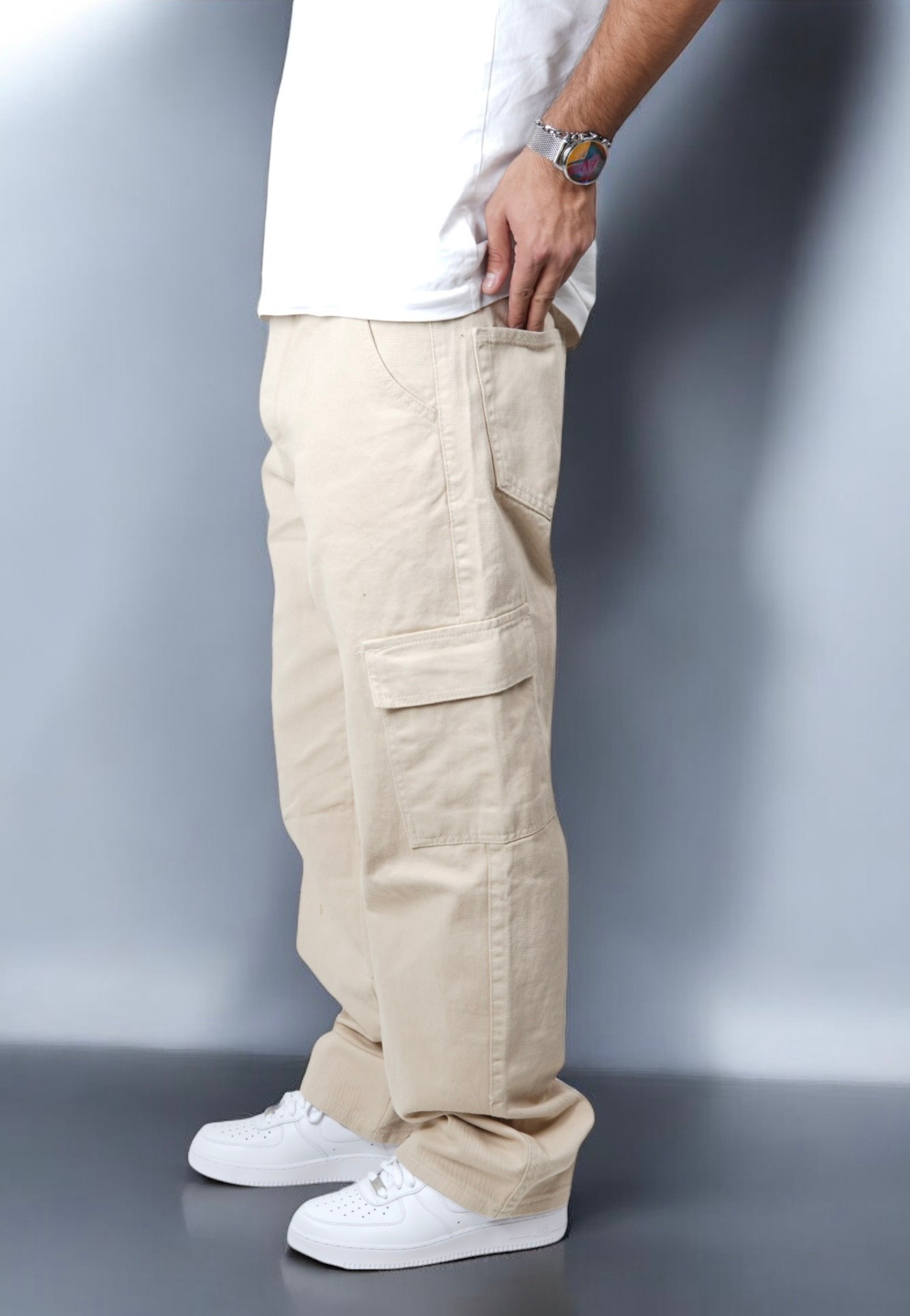 Bej Kargo Cep Baggy Jean