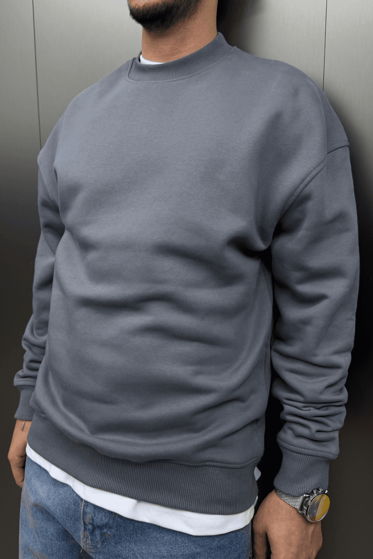 Düz Basic Sweatshirt Gri