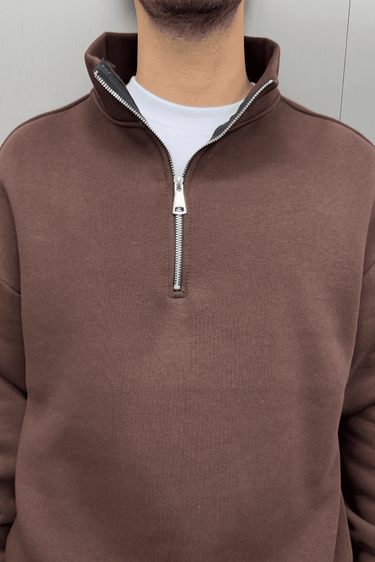 Half Zip Polo Yaka Kahverengi Sweatshirt