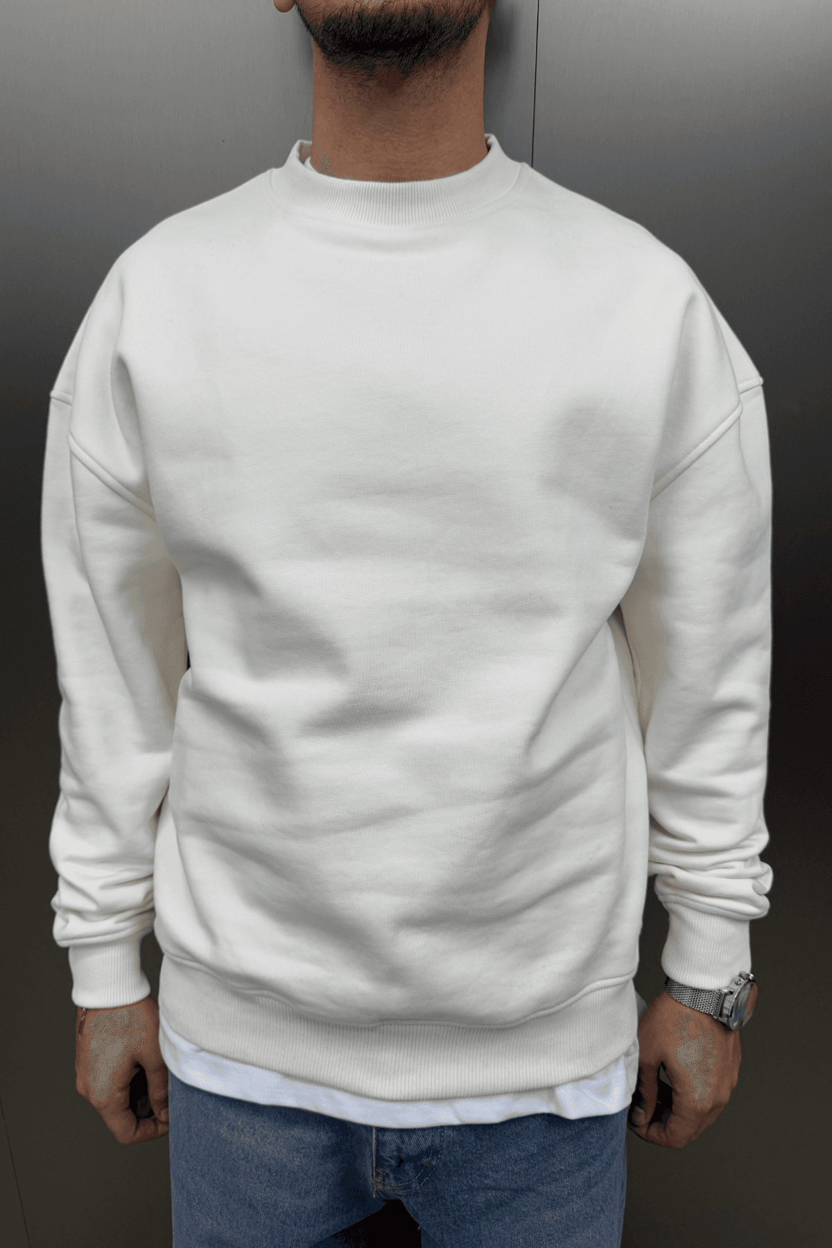 Düz Basic Sweatshirt Ekru