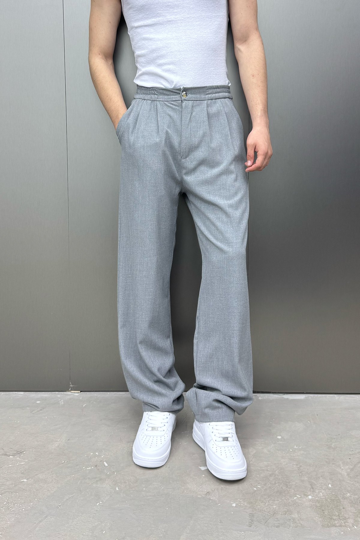 Pileli Baggy Kumaş Pantolon - GRİ