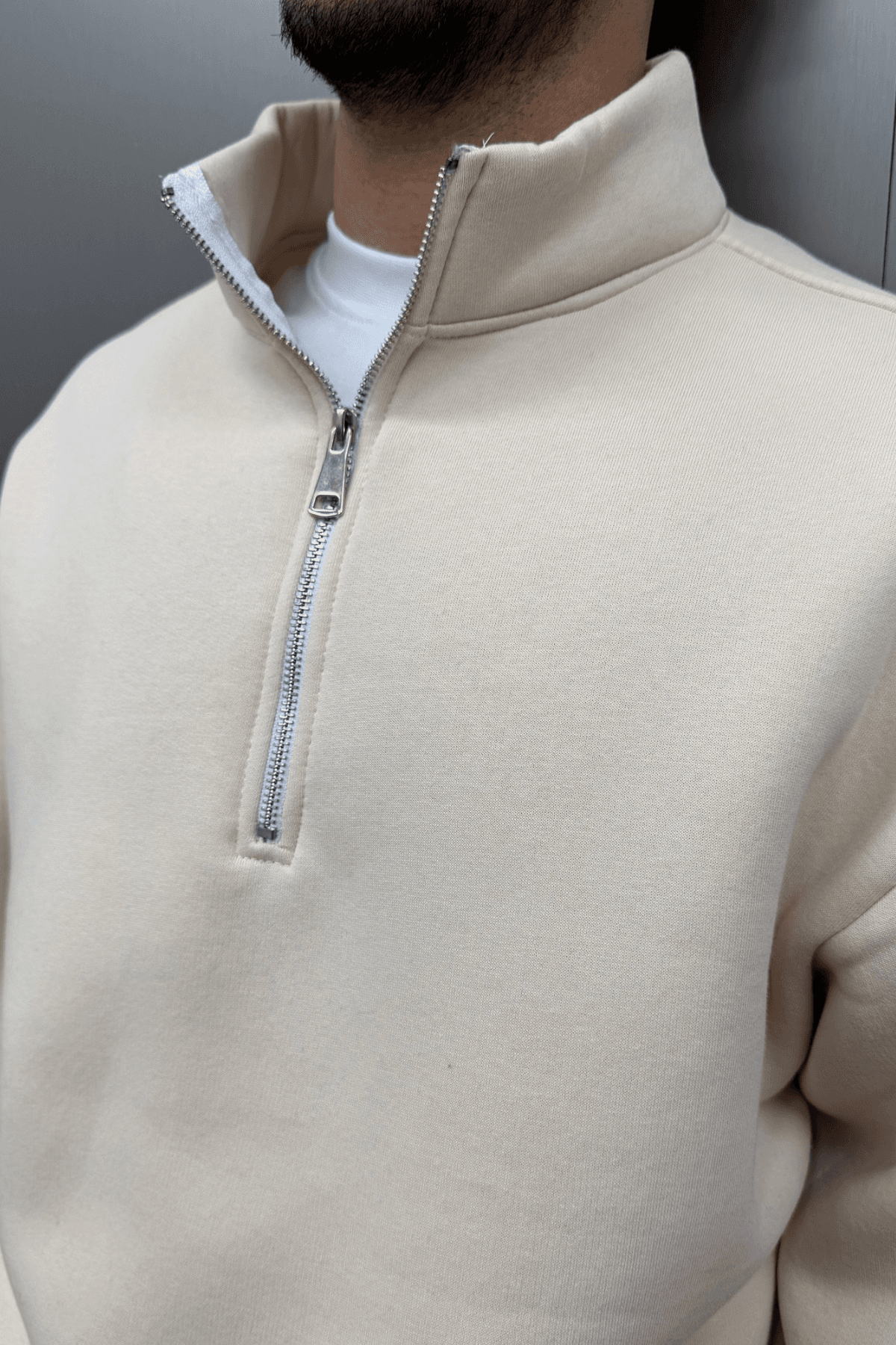 Half Zip Polo Yaka Bej Sweatshirt