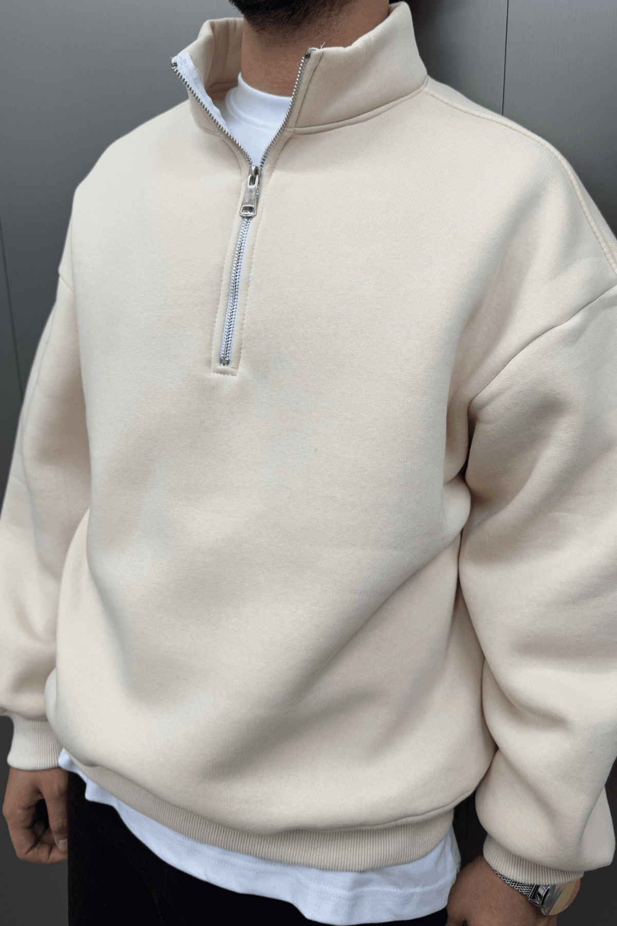 Half Zip Polo Yaka Bej Sweatshirt