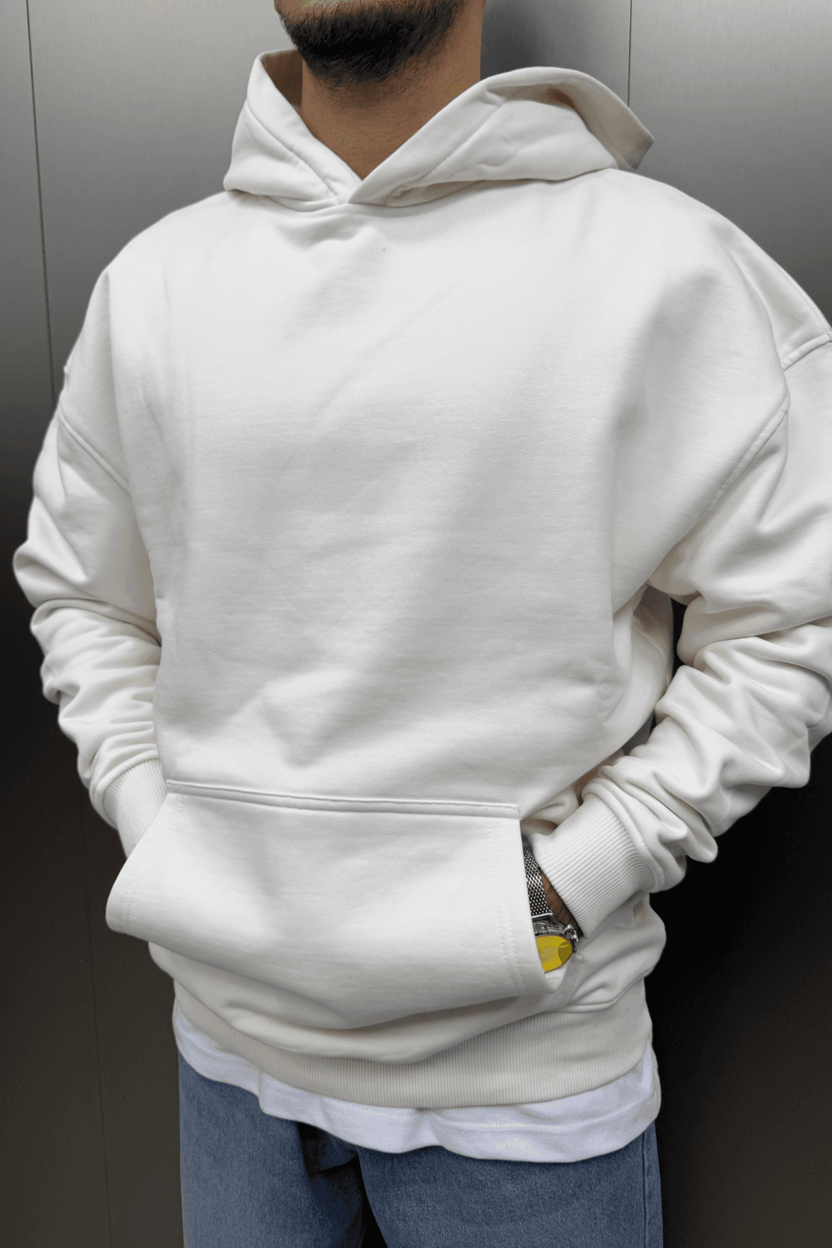 BASIC OVERSIZE KAPÜŞONLU CEP DETAYLI SWEATSHIRT EKRU