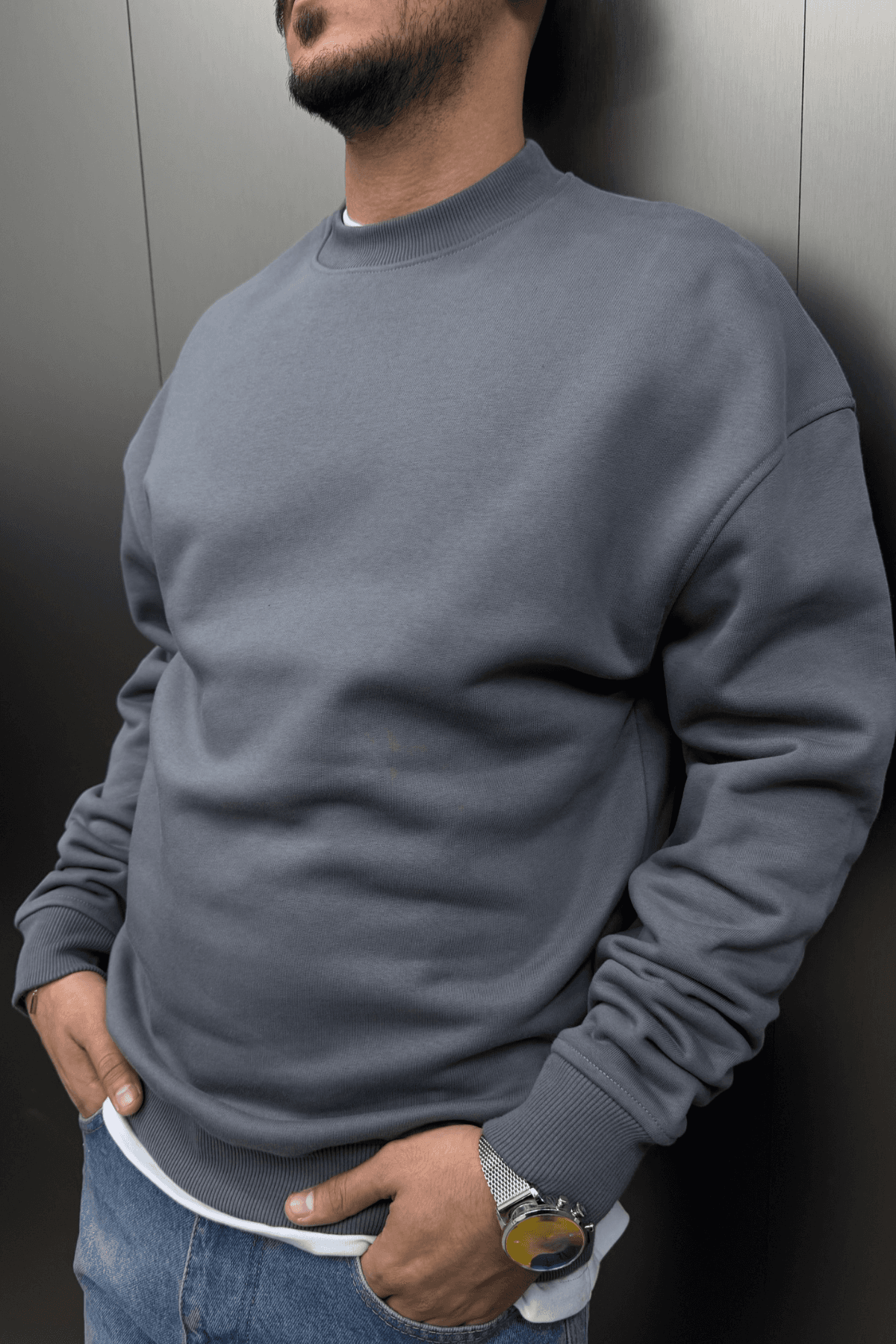 Düz Basic Sweatshirt Gri