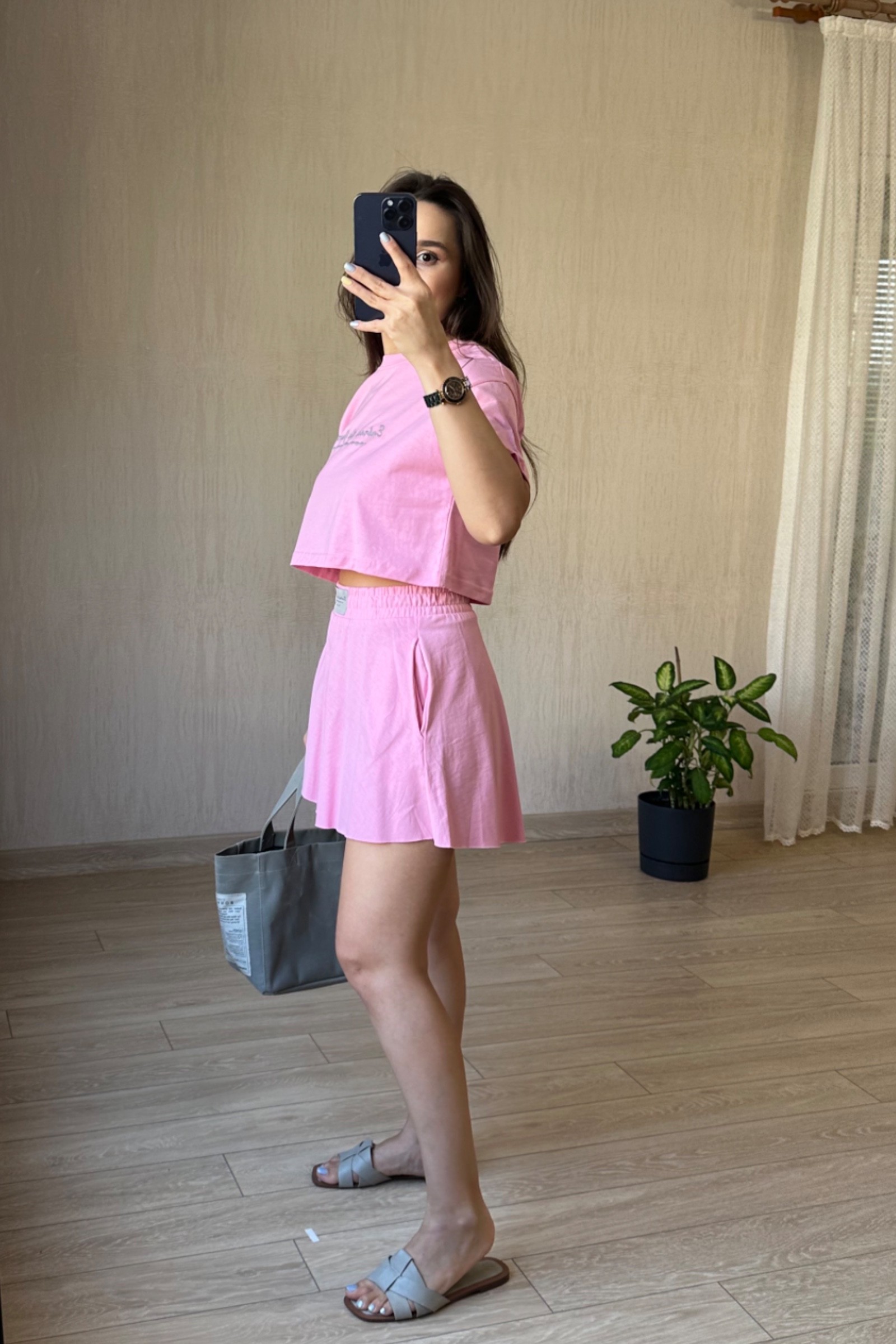 Mily İki İplik Kumaş Şort Tişört Takım - Pembe