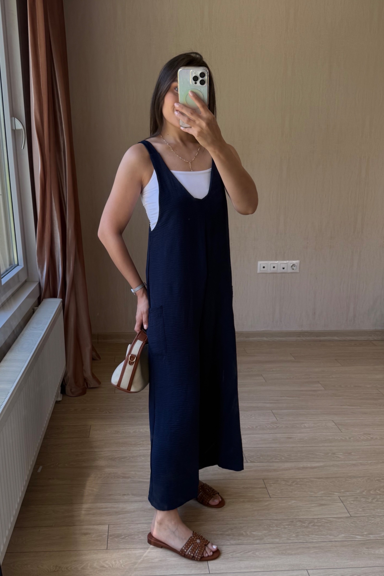 Lesli Arkası Bağlamalı Ayrobin Kumaş Tulum - Lacivert