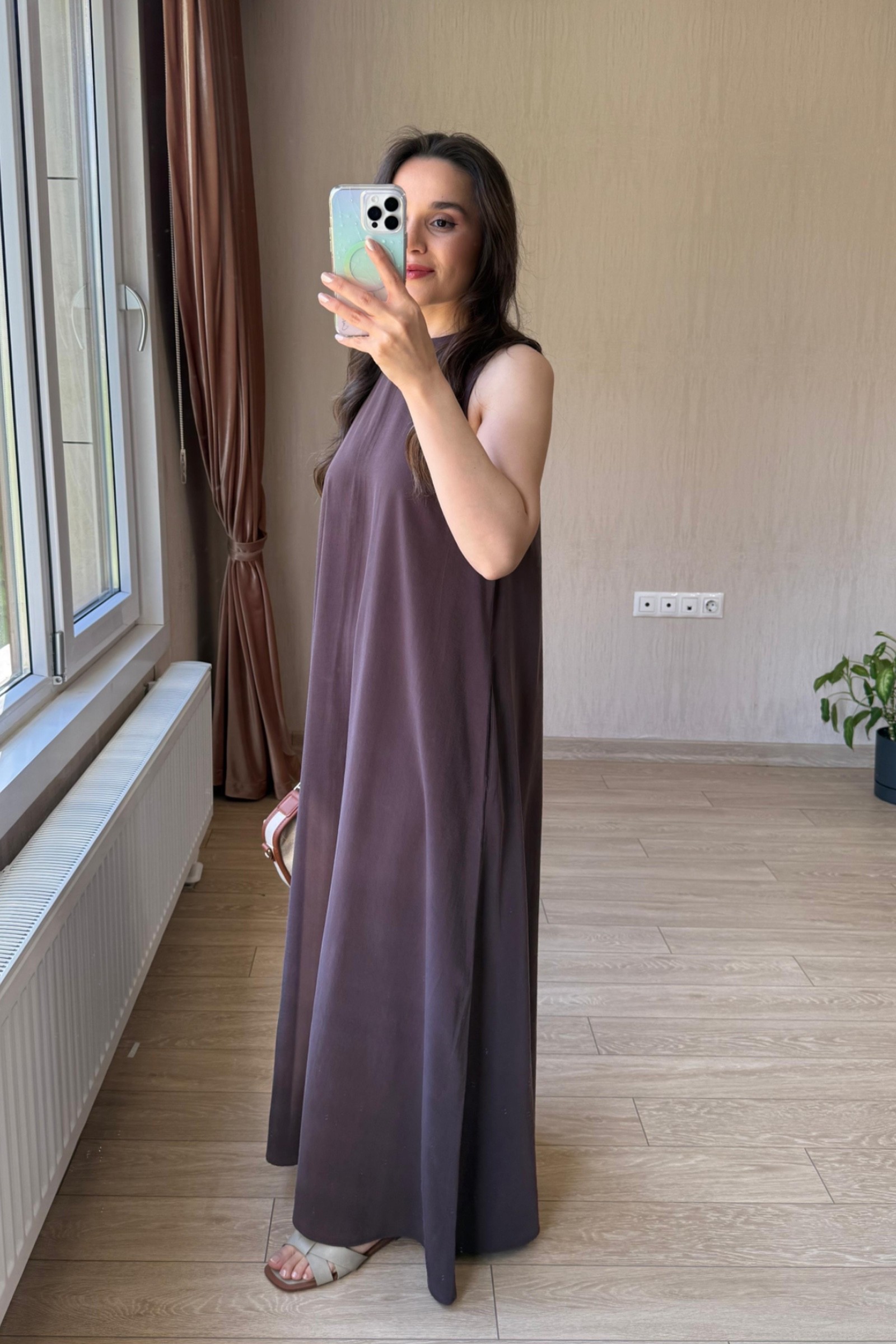 Maia Cep Detaylı Maksi Boy Tensel Kumaş Elbise - Kahverengi