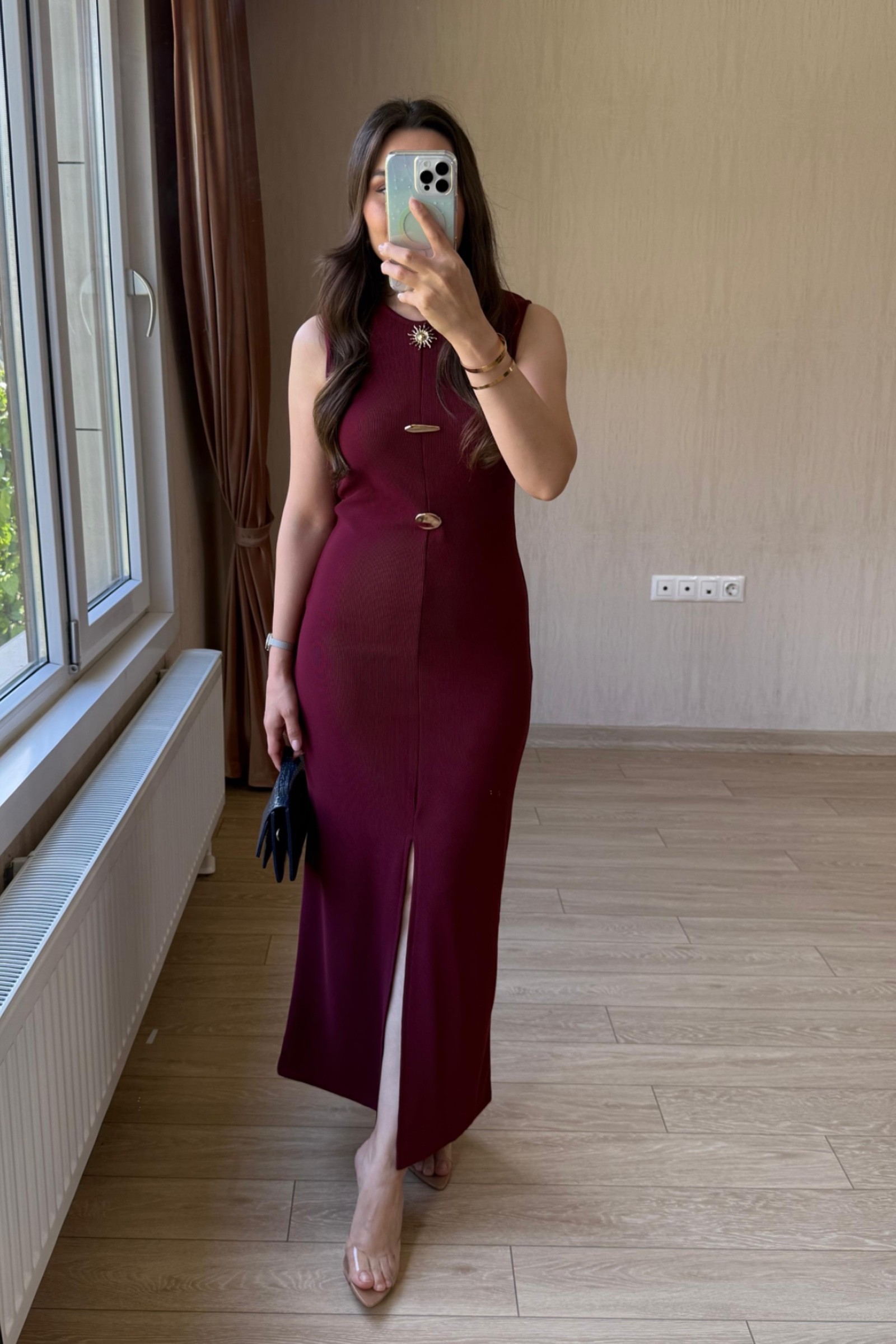 Ruby Altın Broş Detaylı Ottoman Kumaş Elbise