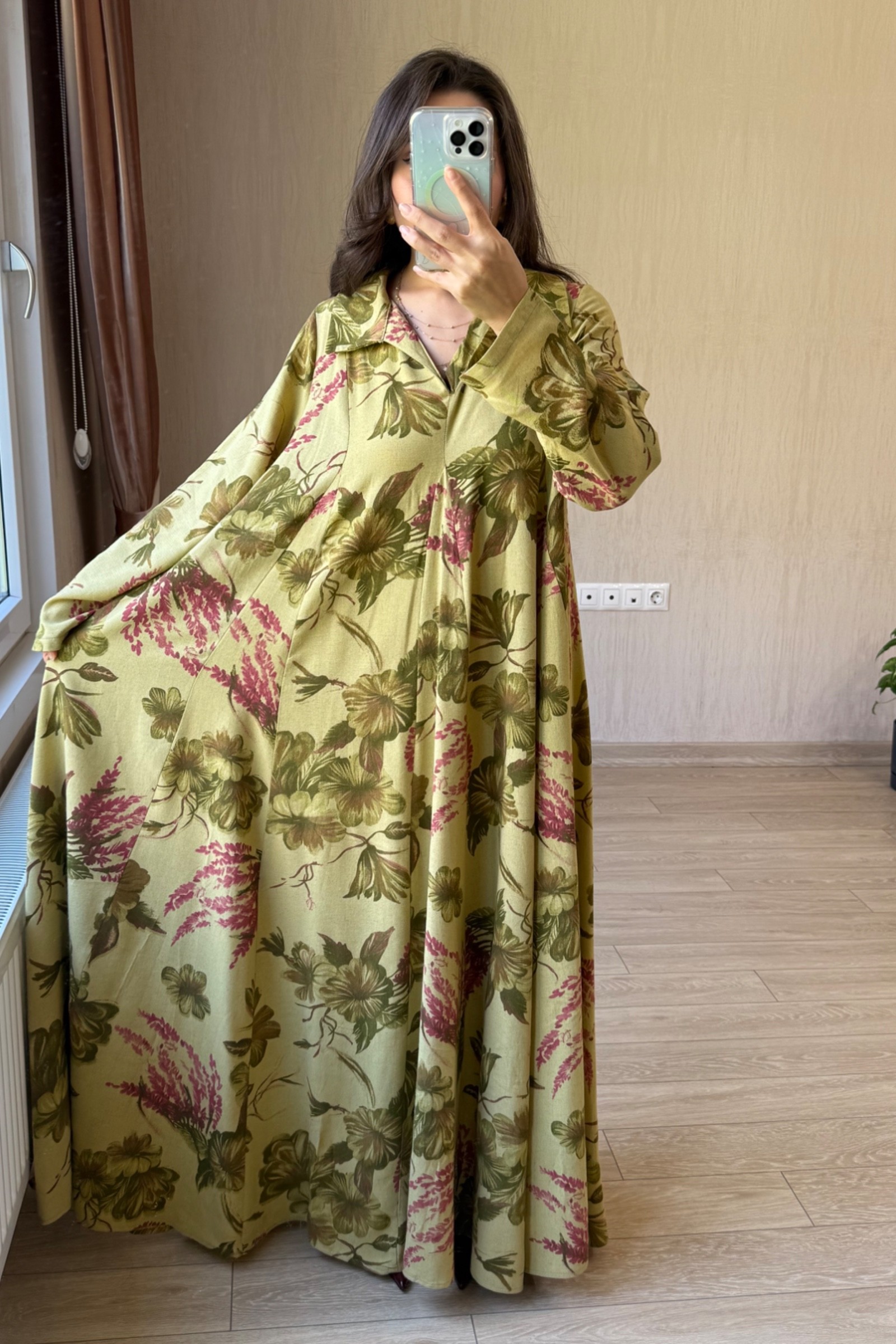 Valentina Oversize Kemerli Keten Kumaş Gömlek Elbise - Yağ Yeşili