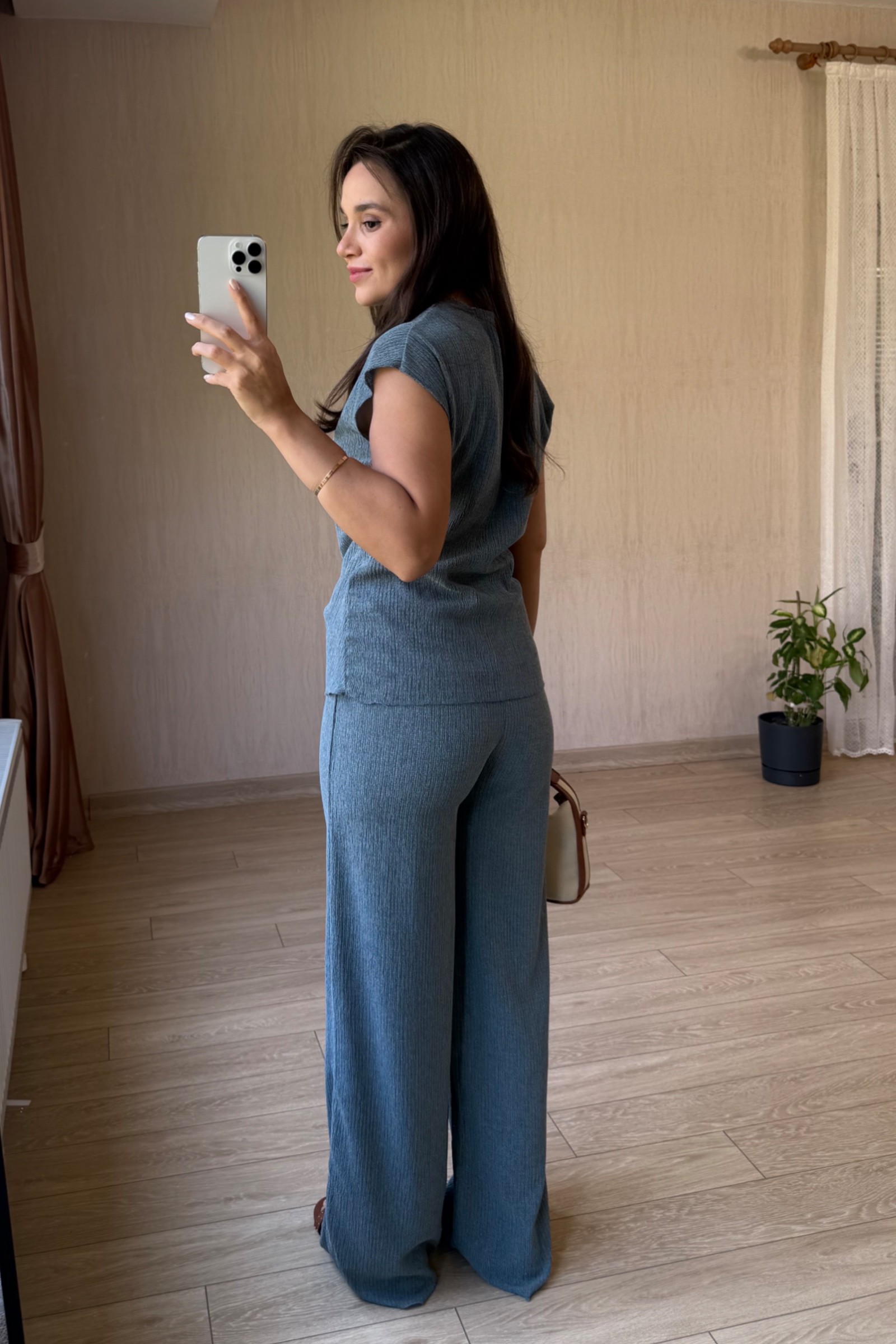 Carina Bağlama Detaylı  Bürümcük Kumaş Takım - Mavi