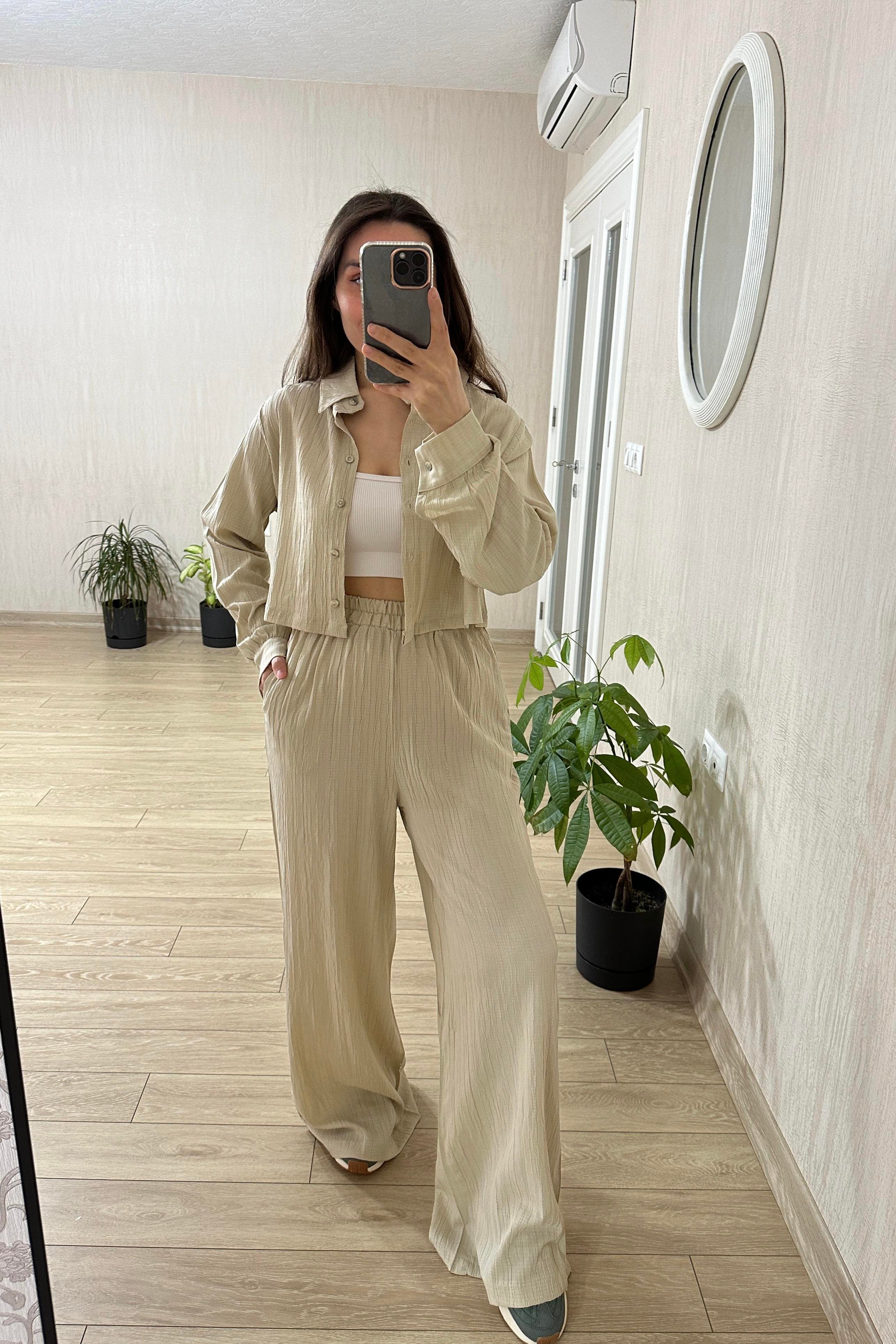 Lena Bej Kısa Gömlekli Gofre Takım