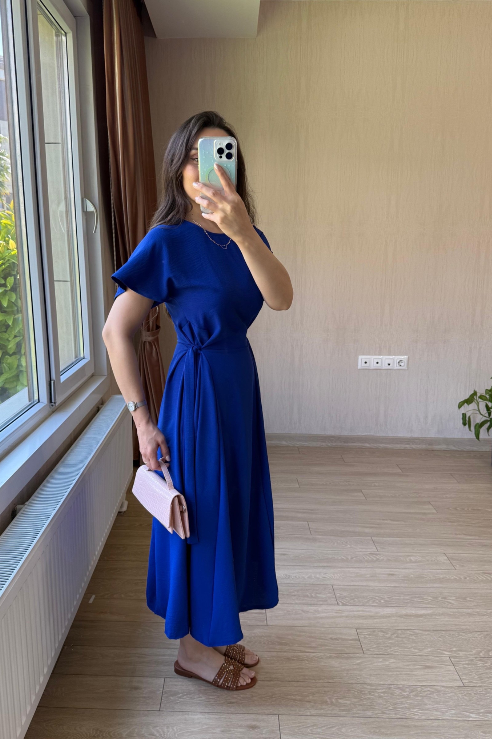 Bianca Belden Bağlamalı Ayrobin Kumaş Elbise - Saks Mavisi