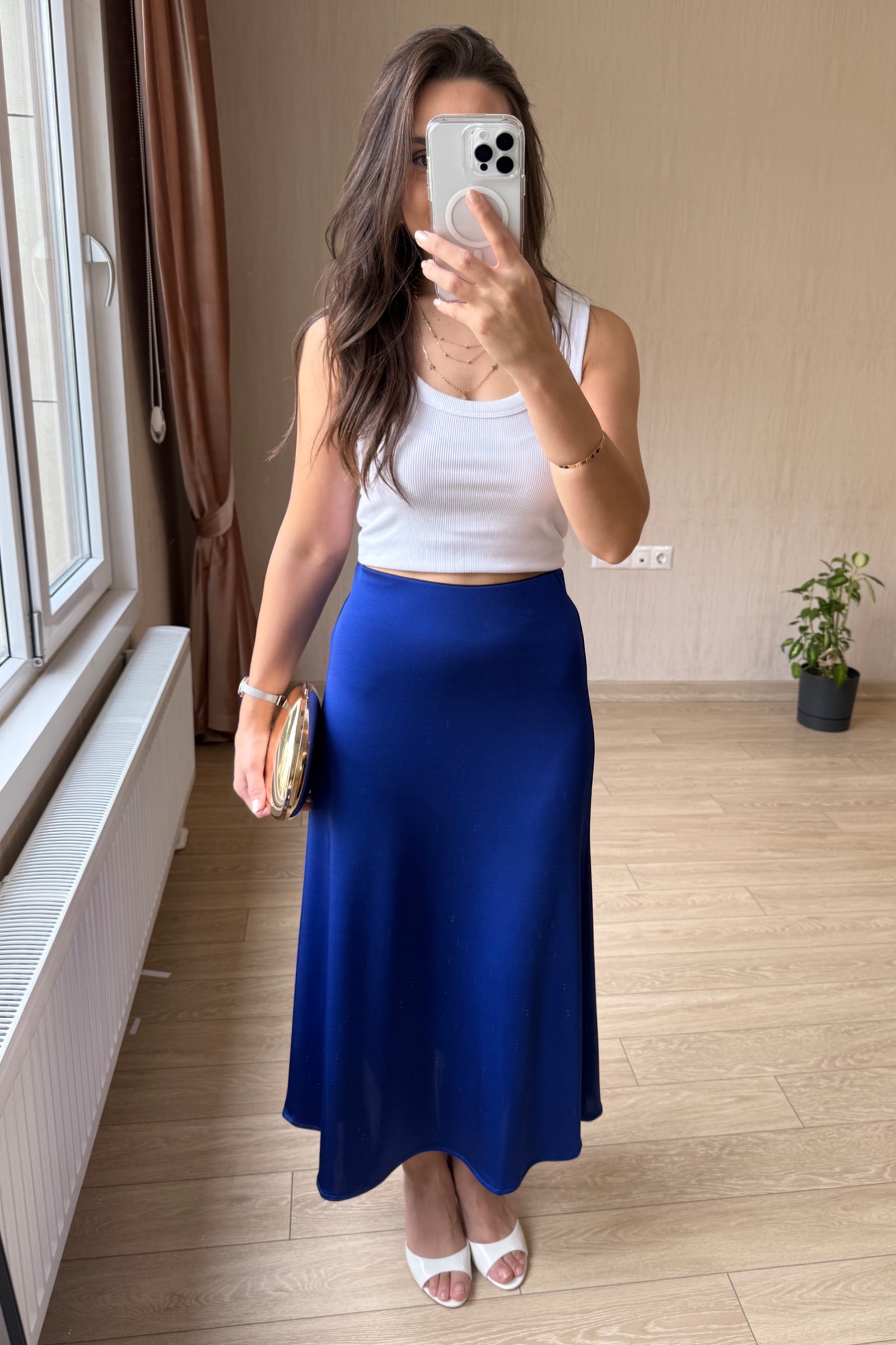 Ester Full Likralı Saten Etek - Saks Mavisi