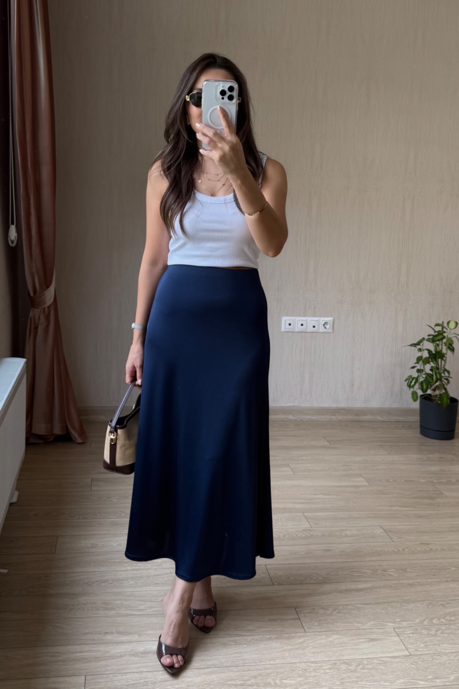 Ester Full Likralı Saten Etek - Lacivert