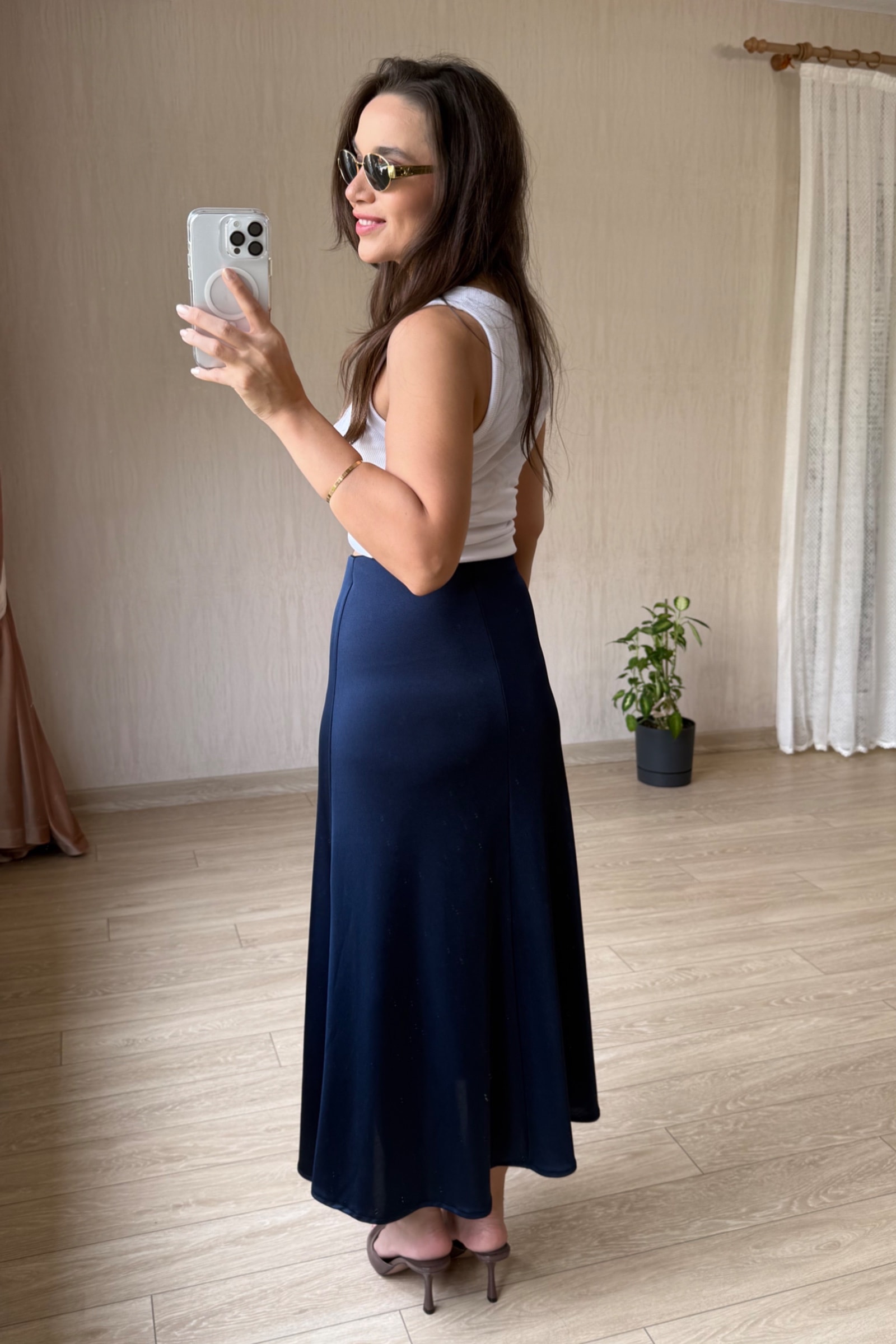 Ester Full Likralı Saten Etek - Lacivert