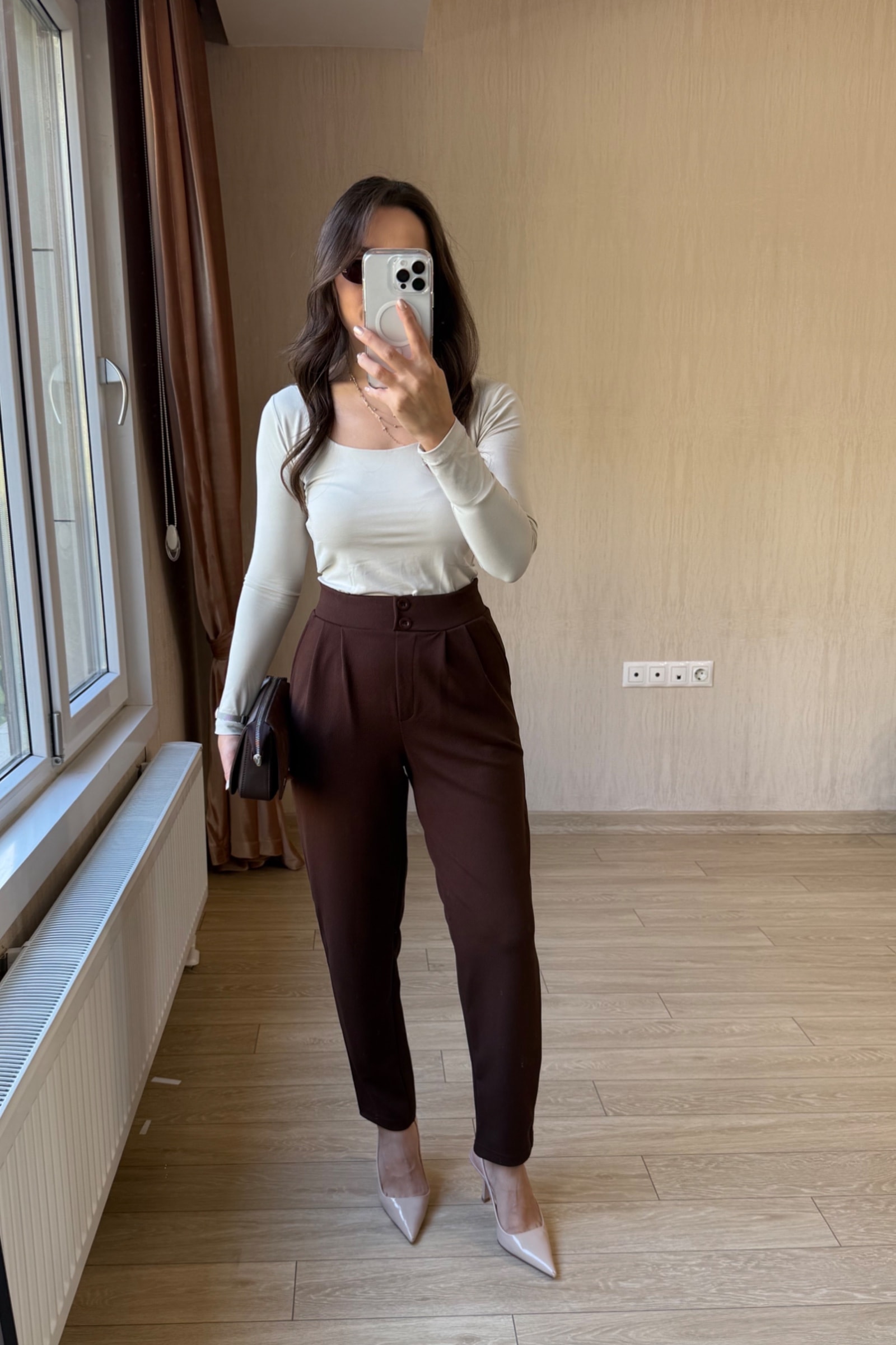Aya Full Likralı Önden Çift Pileli Krep Kumaş Pantolon - Acı Kahve