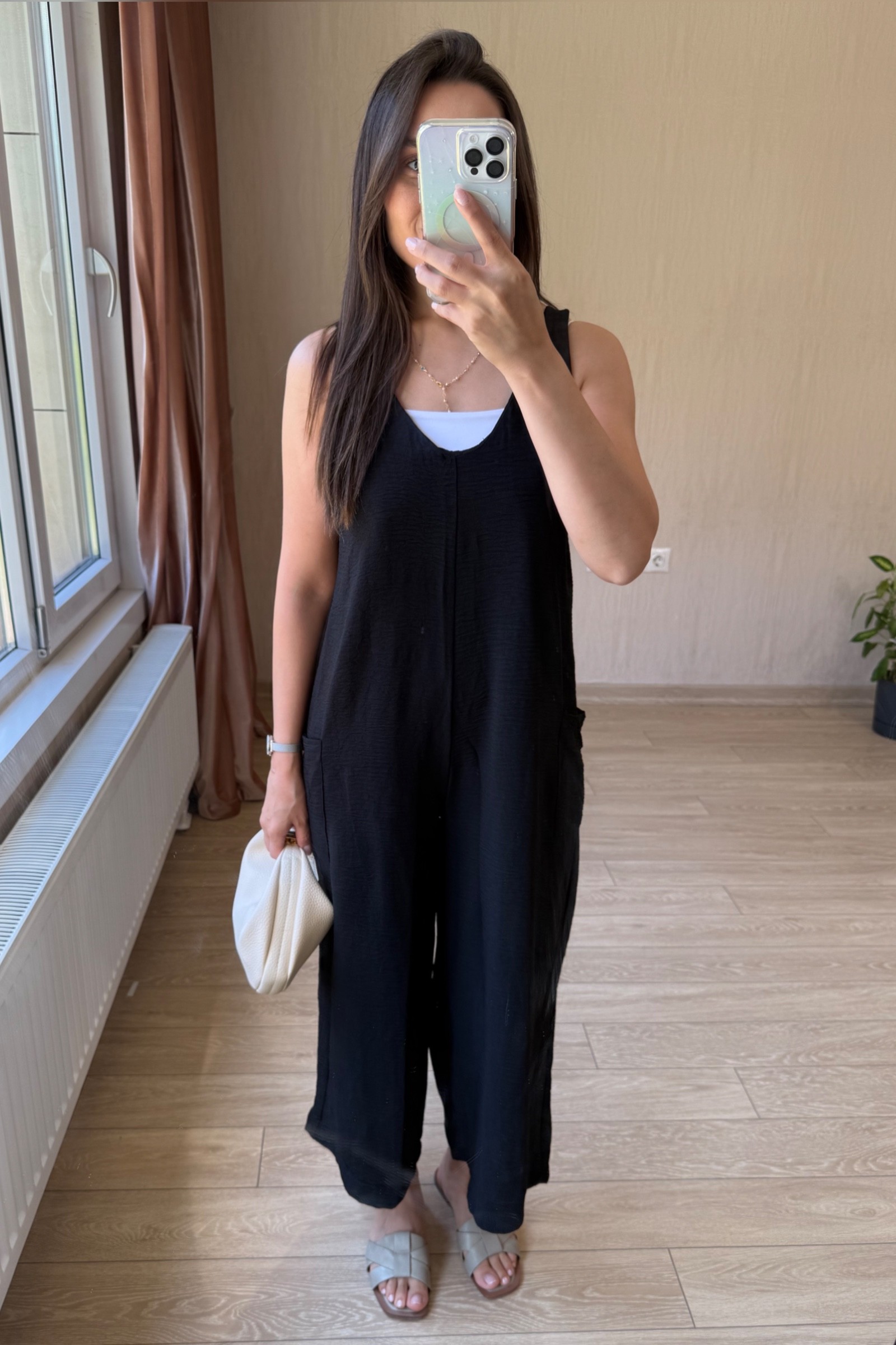 Lesli Arkası Bağlamalı Ayrobin Kumaş Tulum - Siyah