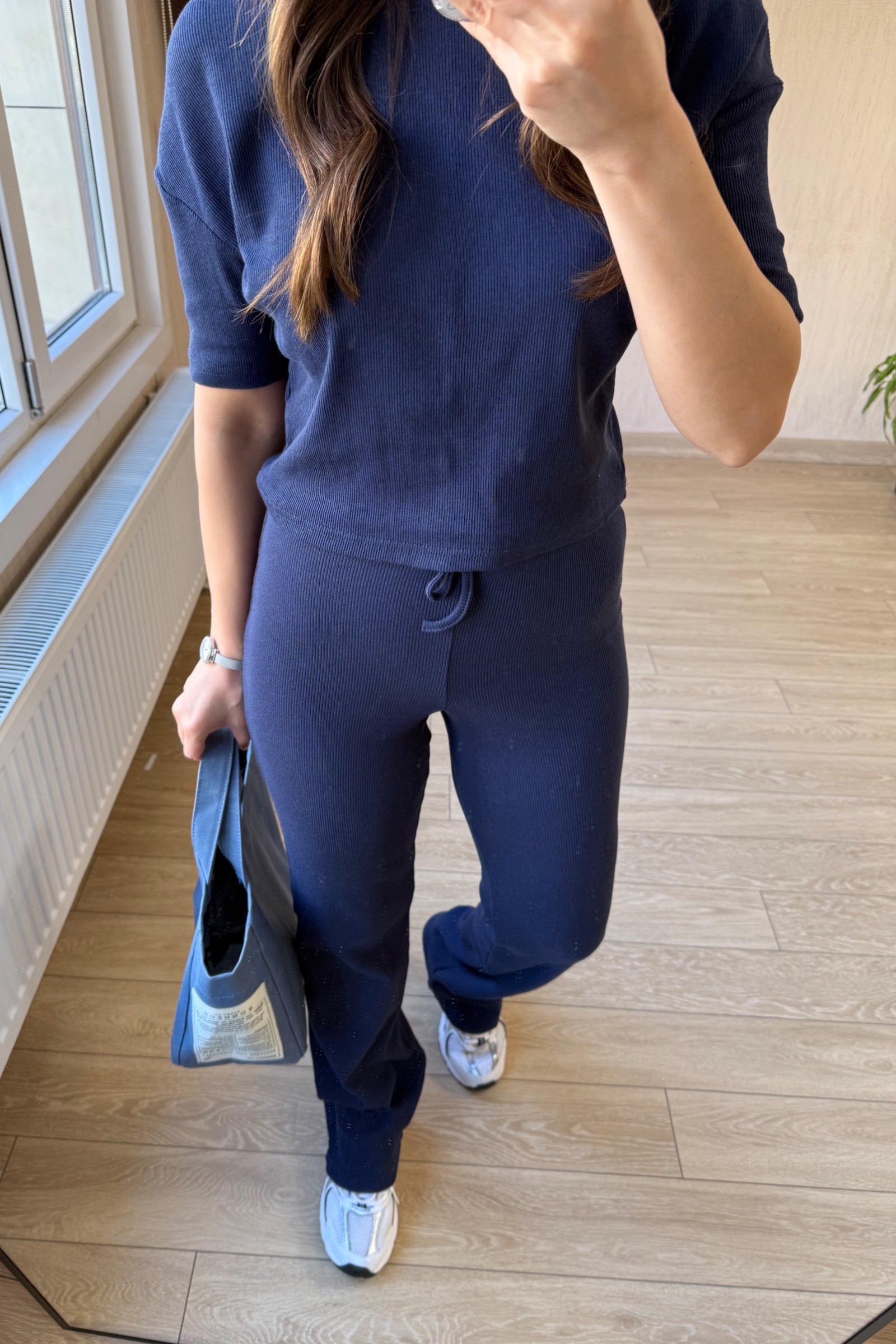 Yanessa Kısa Kollu Fitilli Kumaş Takım - Lacivert