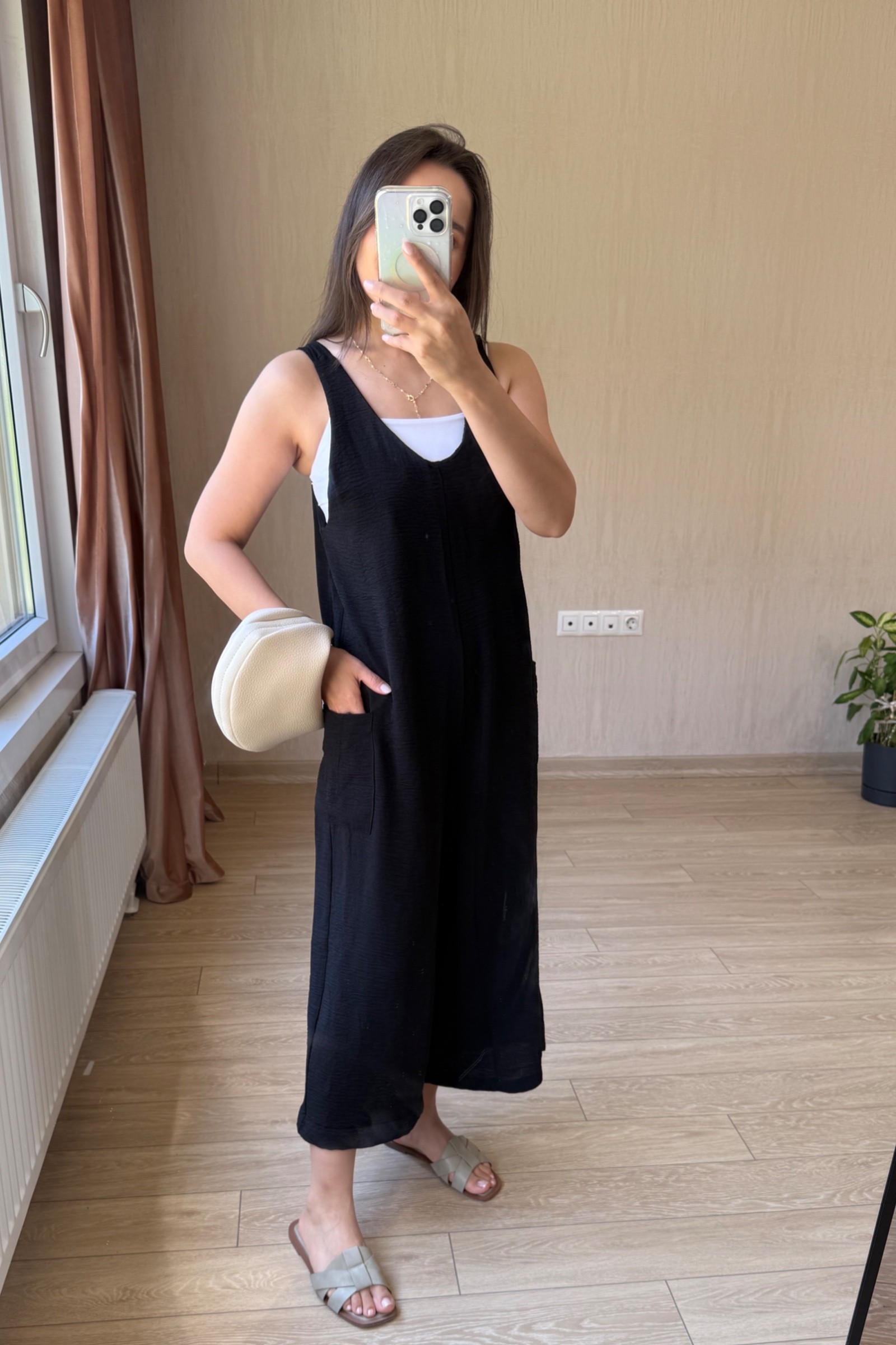 Lesli Arkası Bağlamalı Ayrobin Kumaş Tulum - Siyah