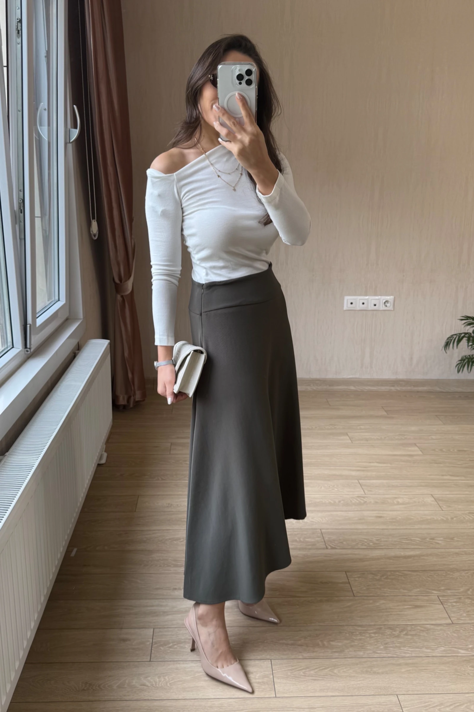 Vivora Diagonel Kumaş Korsaj Kemerli Yandan Gizli Fermuarli Çan Etek - Haki