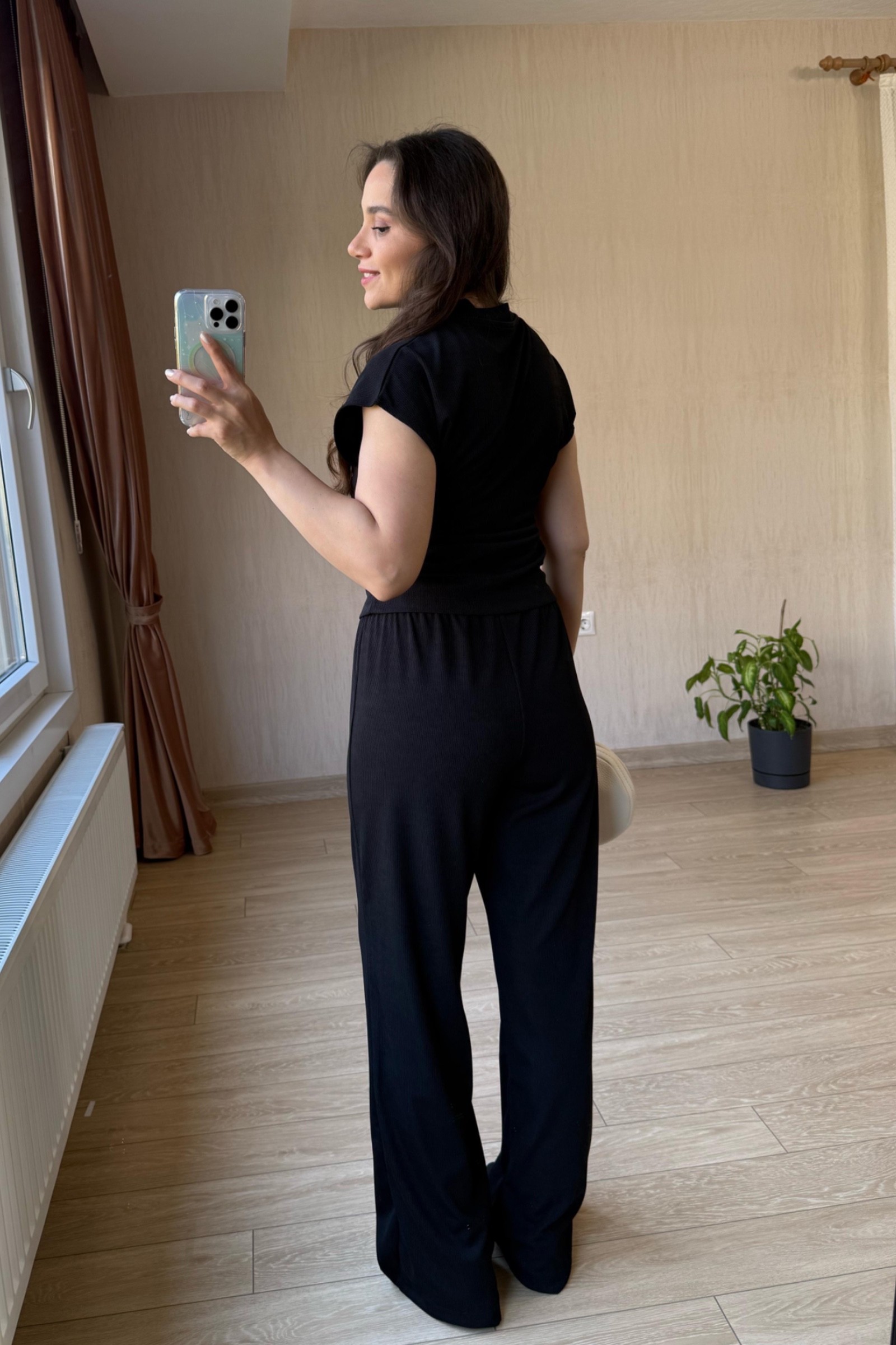Nadia Yanları Drapeli Kaşkorse Kumaş Takım - Siyah