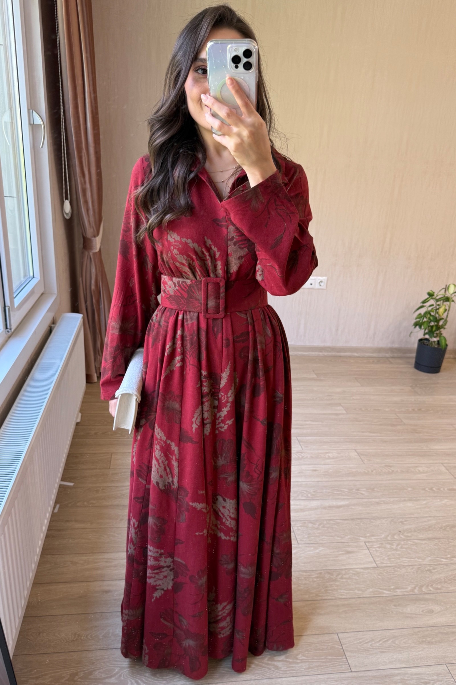 Valentina Oversize Kemerli Keten Kumaş Gömlek Elbise - Bordo