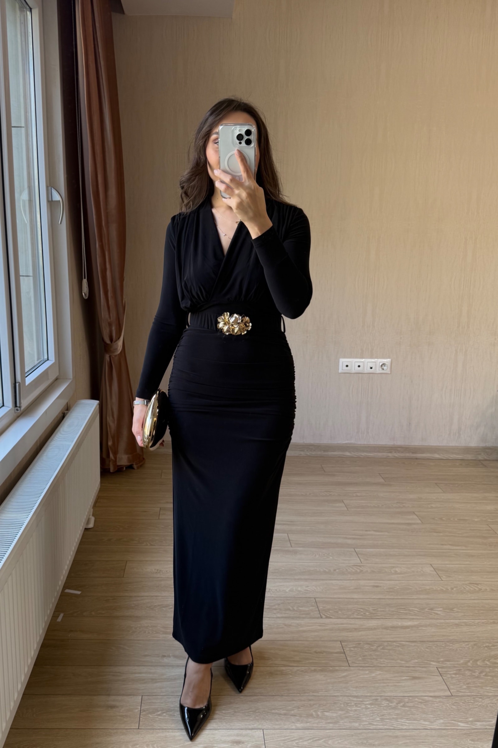 Silvia Yanları Drapeli Kemerli  Elbise - Siyah