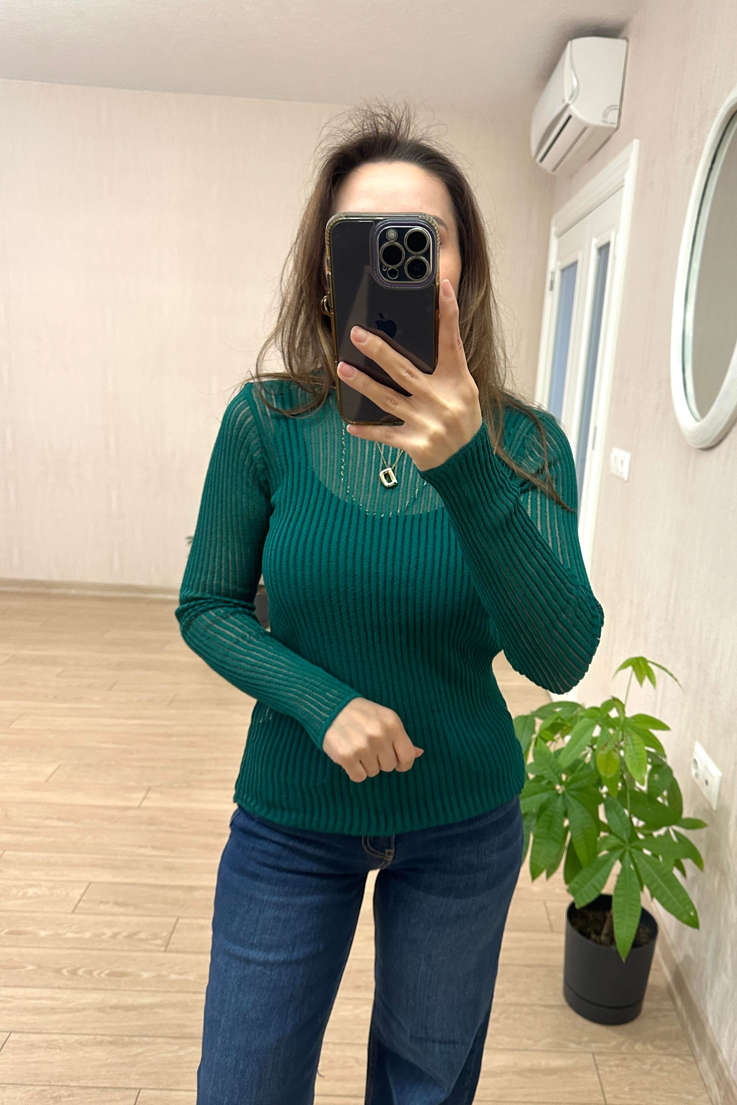 Dilvin Transparan Bluz Zümrüt Yeşili