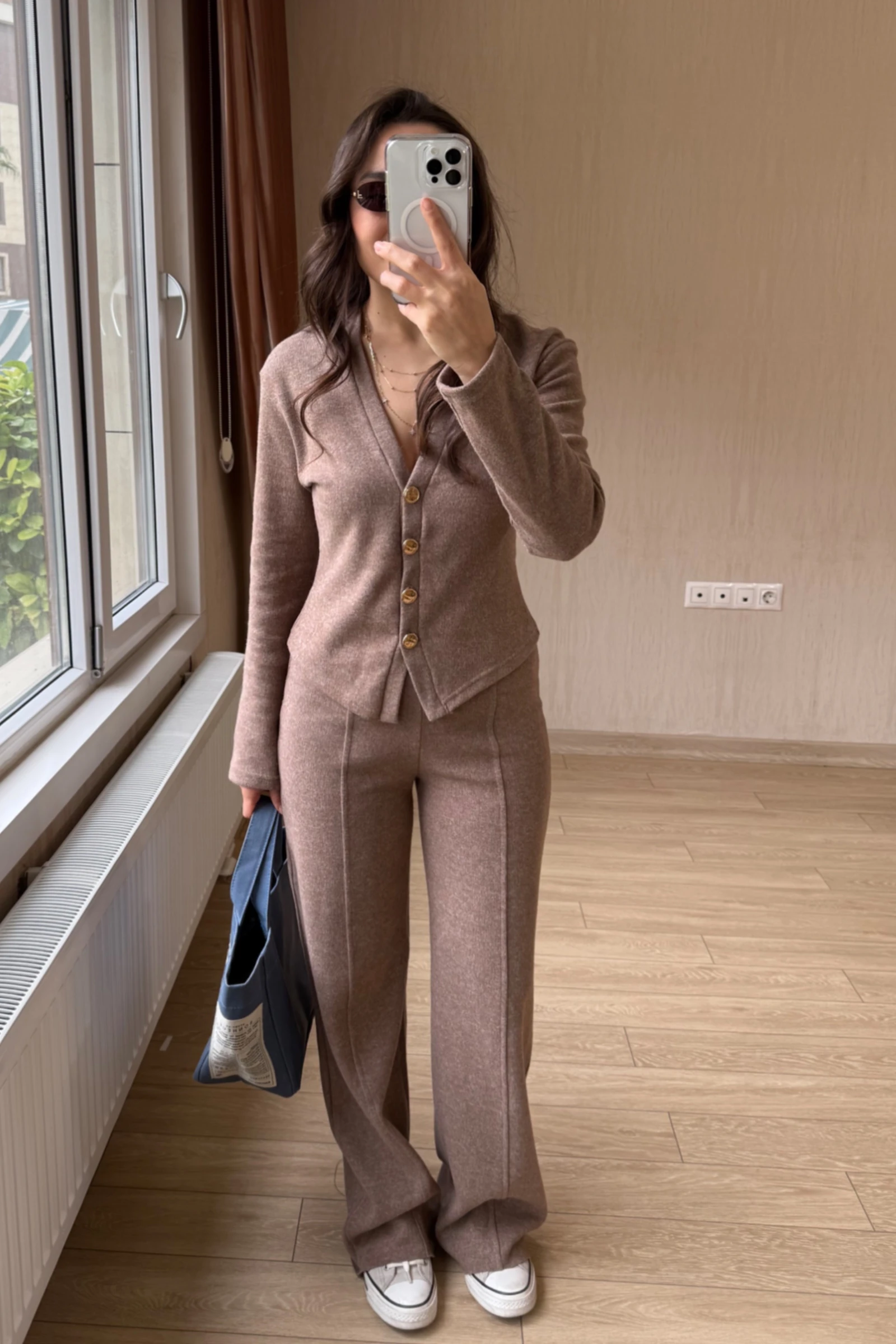 Vanessa Qısaqol Korduroy Kostyum - Nanə Yaşıl - Kahverengi