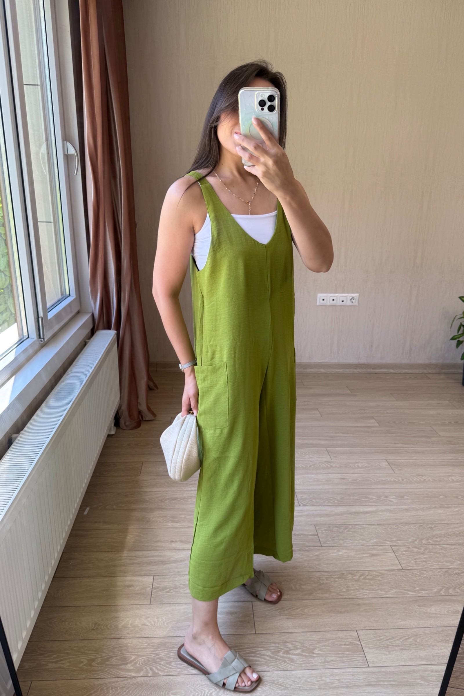 Lesli Arkası Bağlamalı Ayrobin Kumaş Tulum - Yağ Yeşili