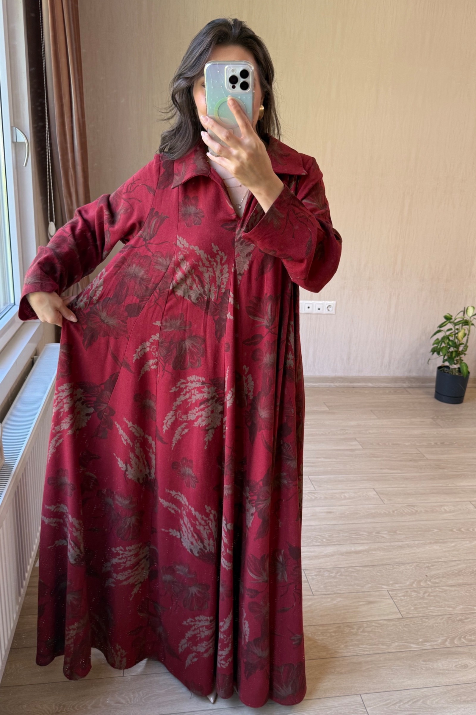 Valentina Oversize Kemerli Keten Kumaş Gömlek Elbise - Bordo