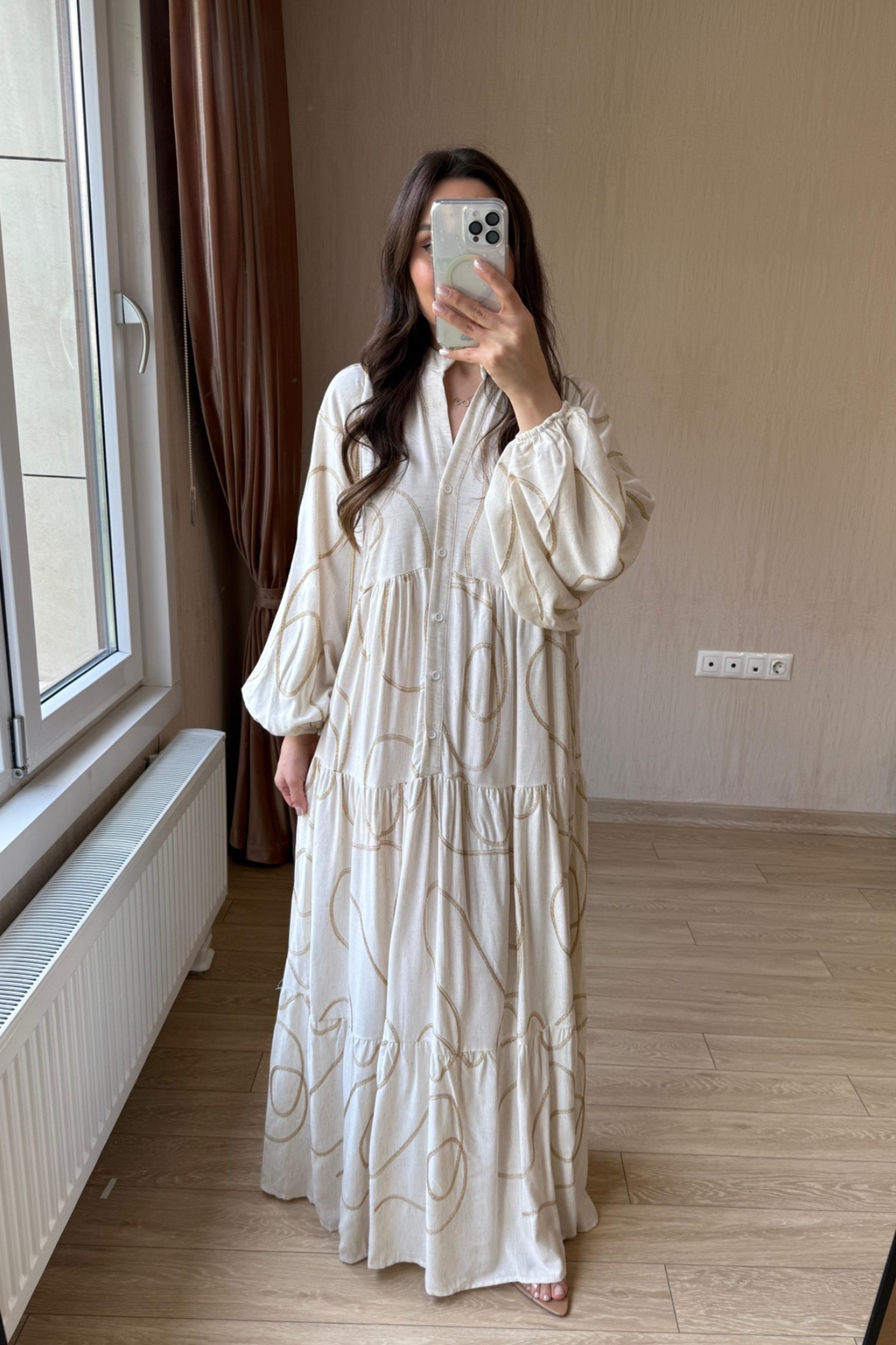 Orella Gold Dikiş Desenli Viskon Kumaş Elbise - Krem