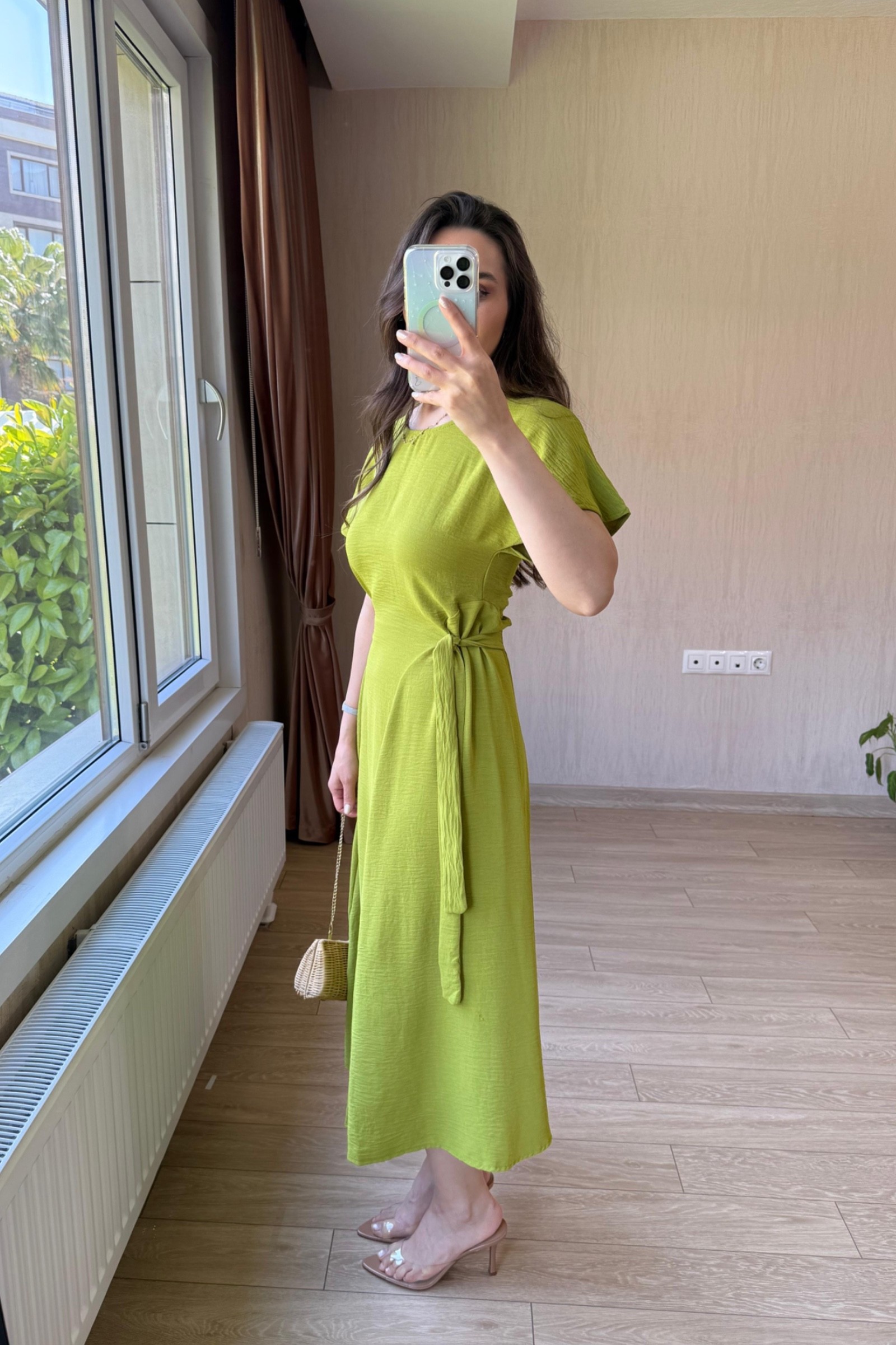 Bianca Belden Bağlamalı Ayrobin Kumaş Elbise - Yağ Yeşili