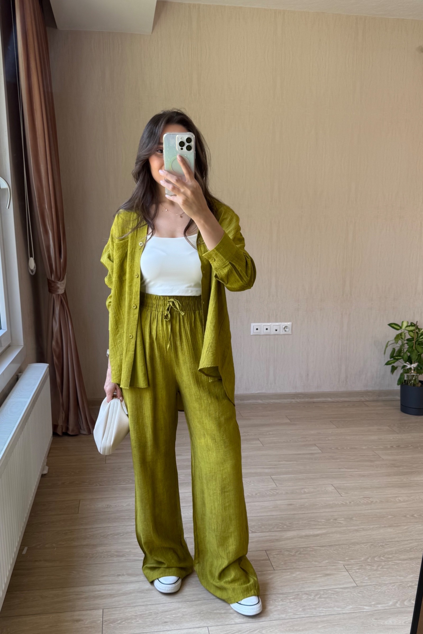 Thalia Dokulu Tensel Kumaş Takım - Yağ Yeşili