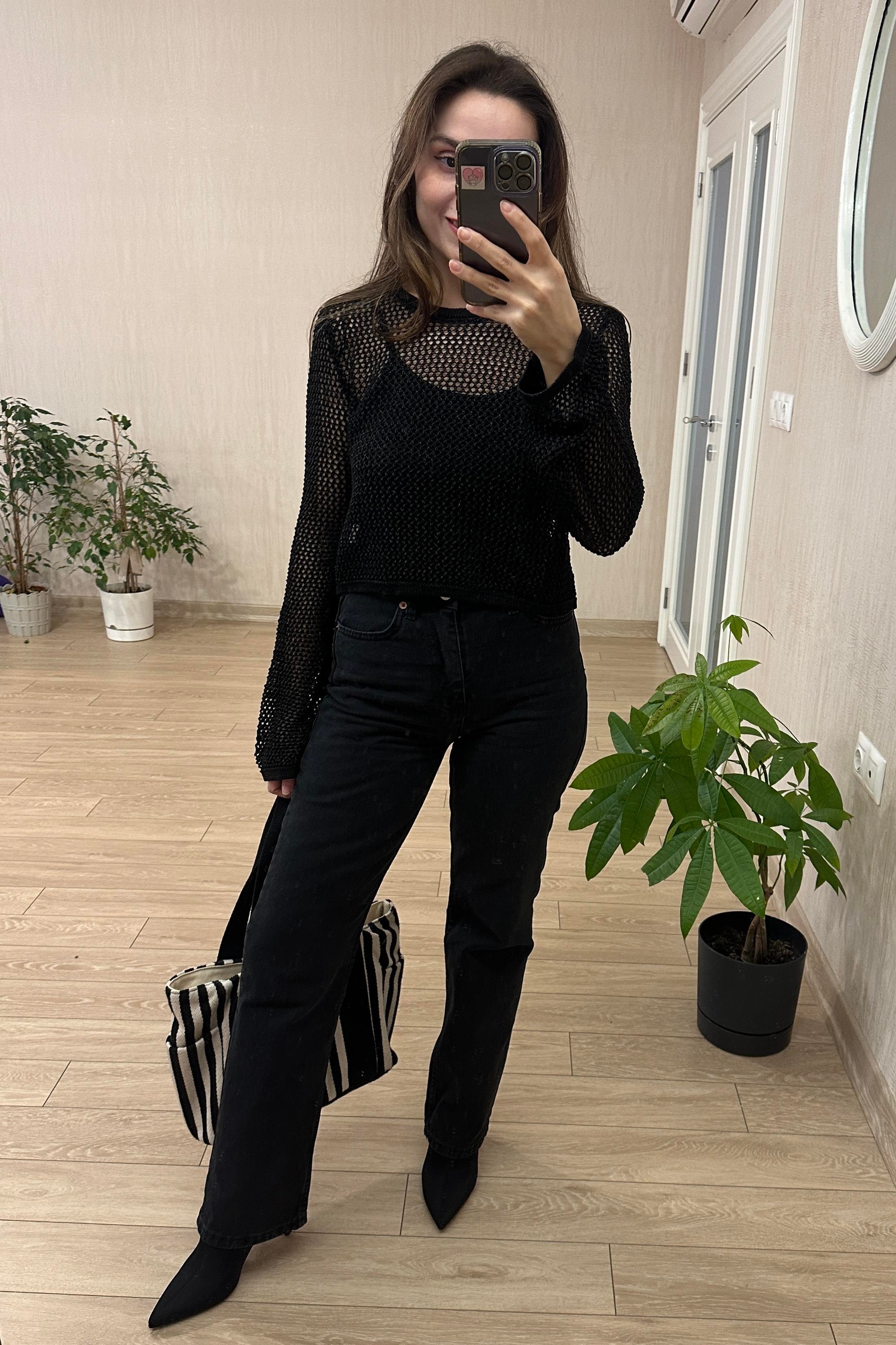 Simli Ajur Desen Bisiklet Yaka Crop Kazak Siyah