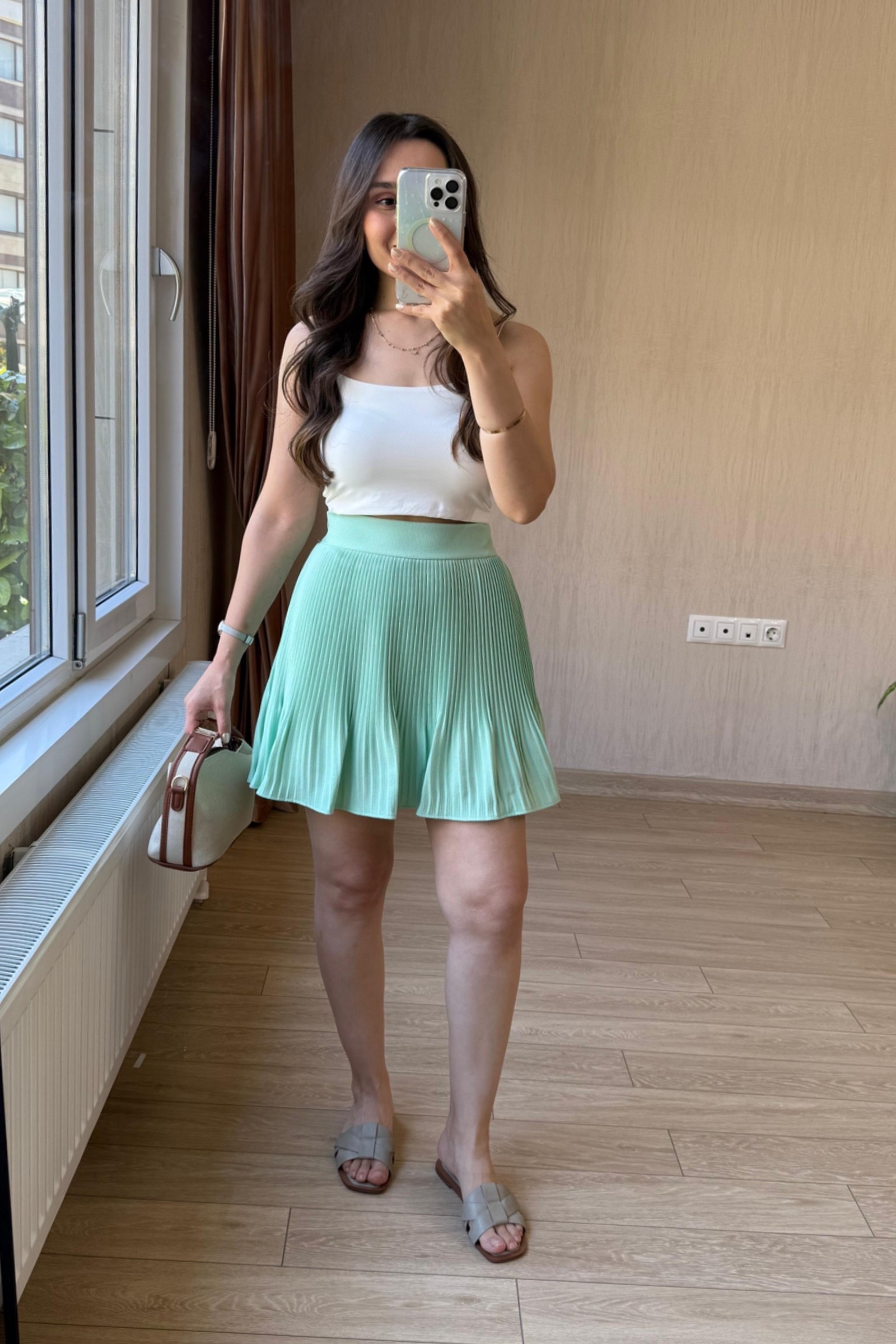 Sonya Pileli Şort Etek - Quzu 