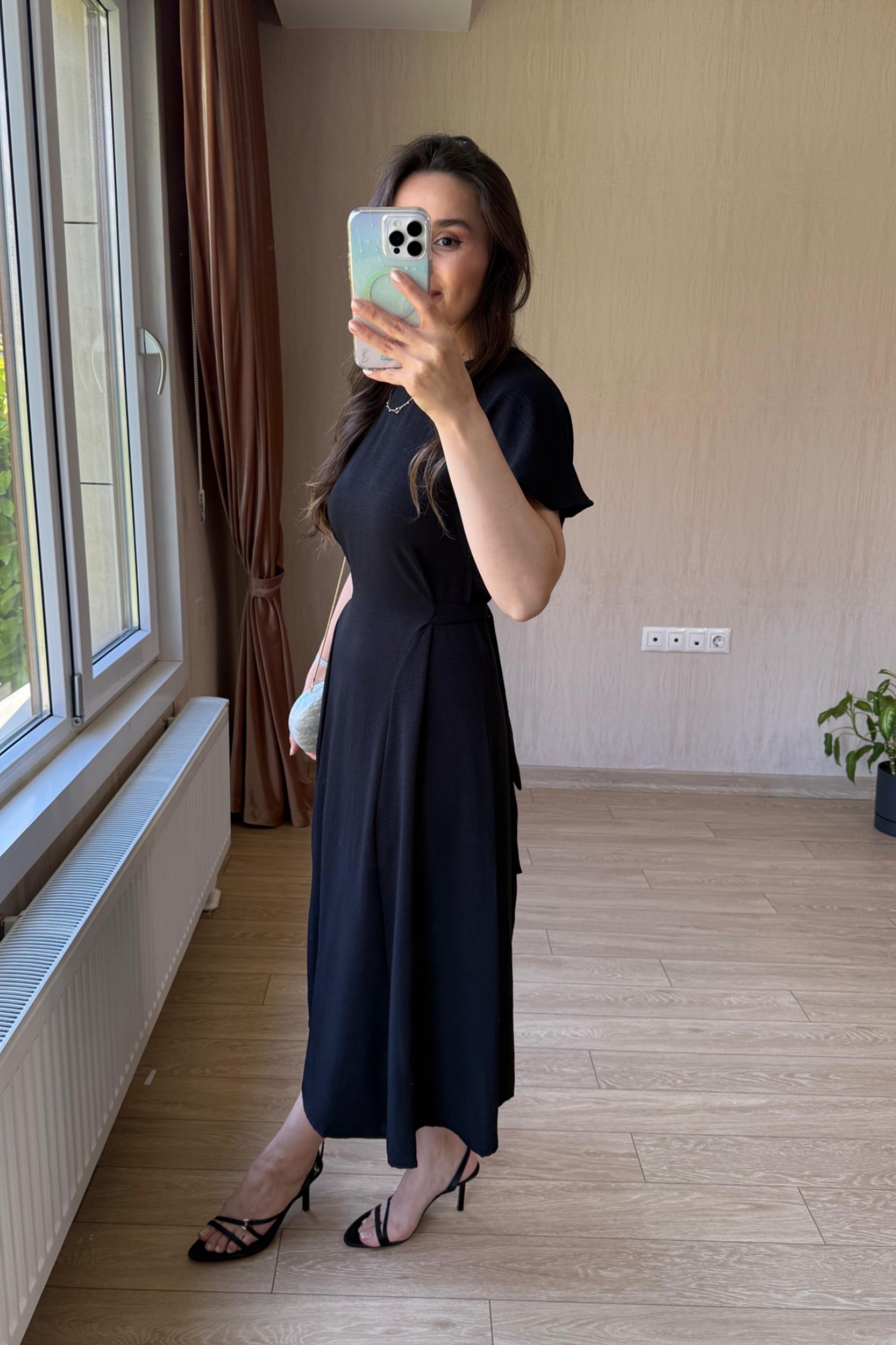Bianca Belden Bağlamalı Ayrobin Kumaş Elbise - Siyah