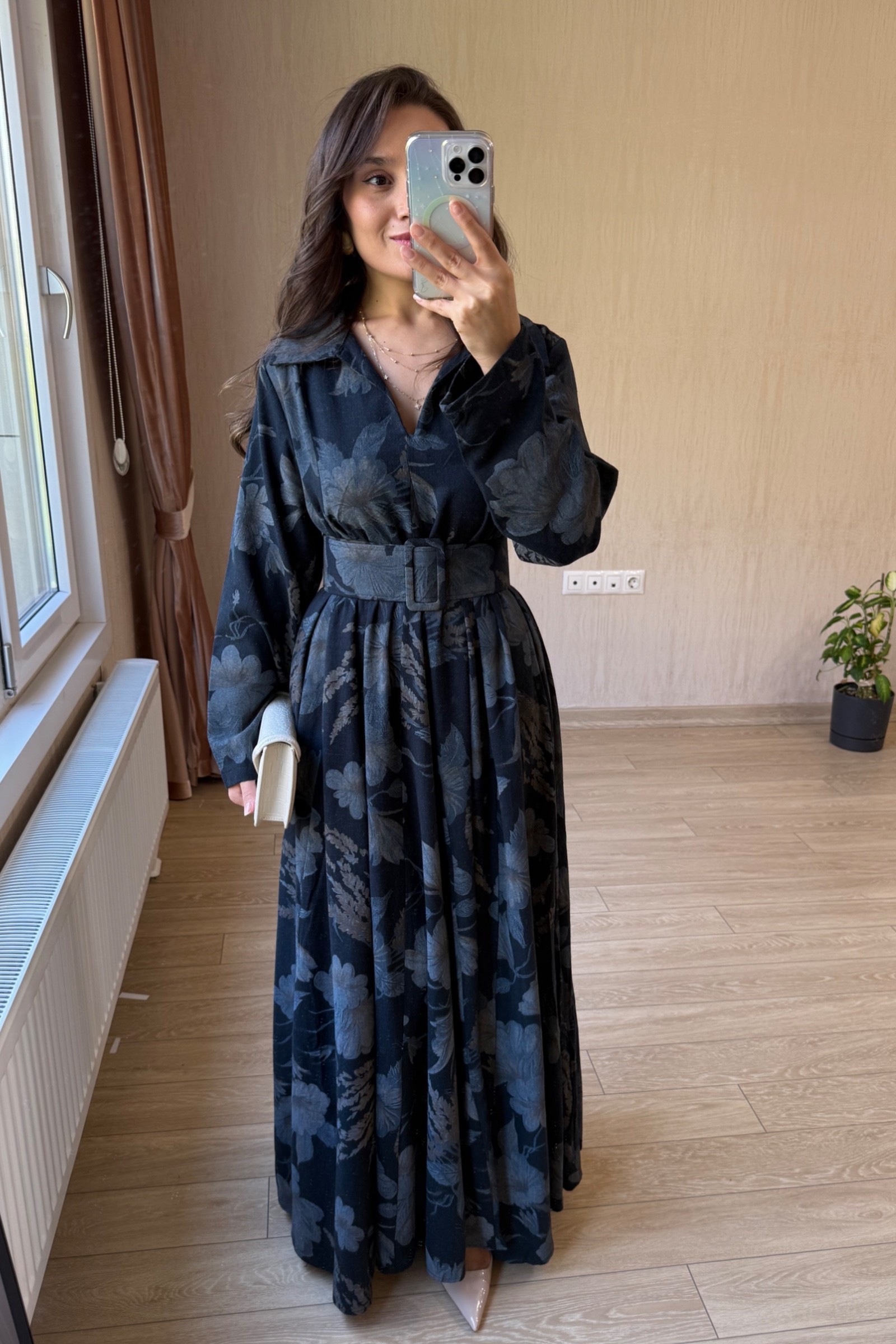 Valentina Oversize Kemerli Keten Kumaş Gömlek Elbise - Lacivert