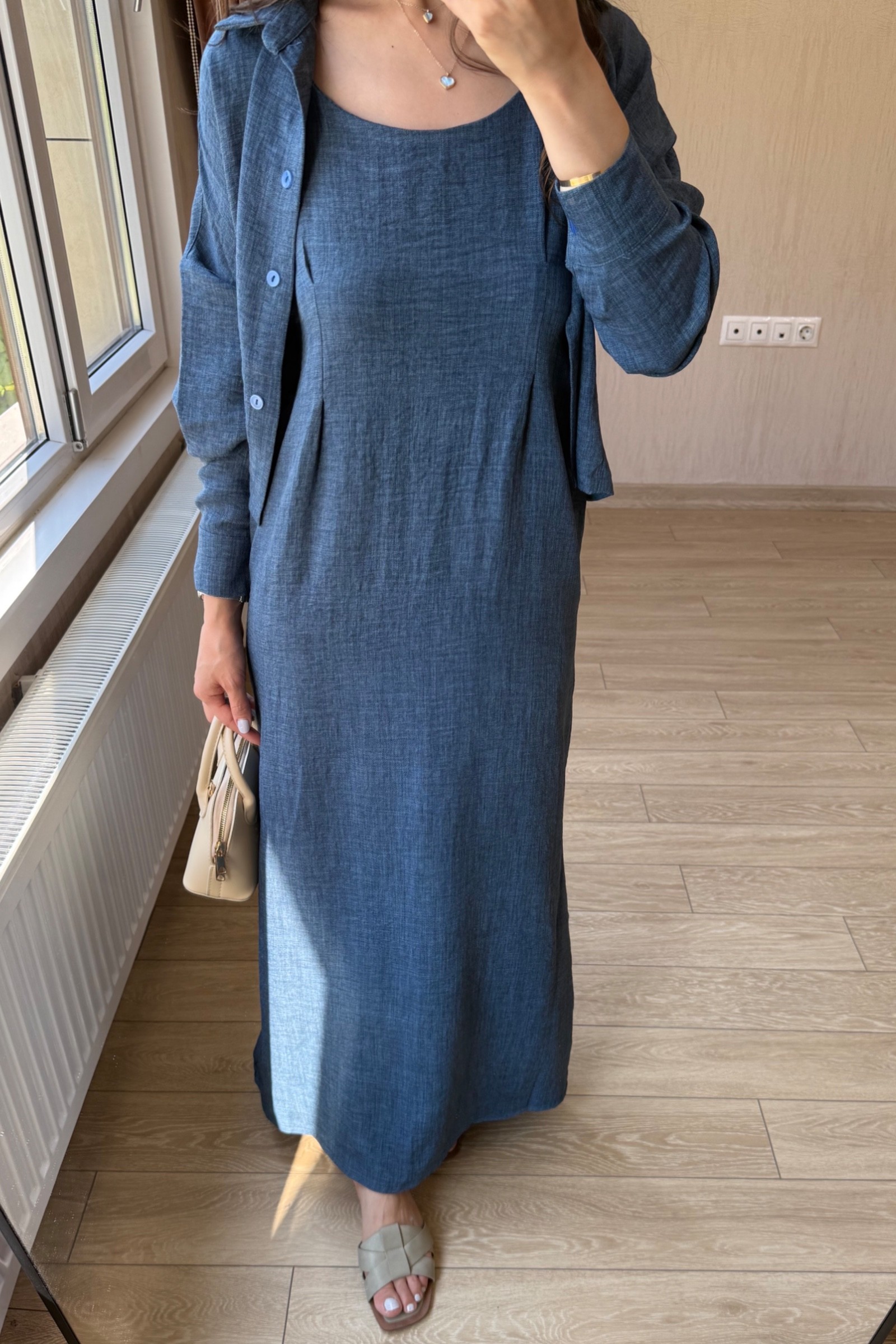 Tessia Maksi Boy Askılı Sofya Keten Kumaş Gömlekli Elbise Takım