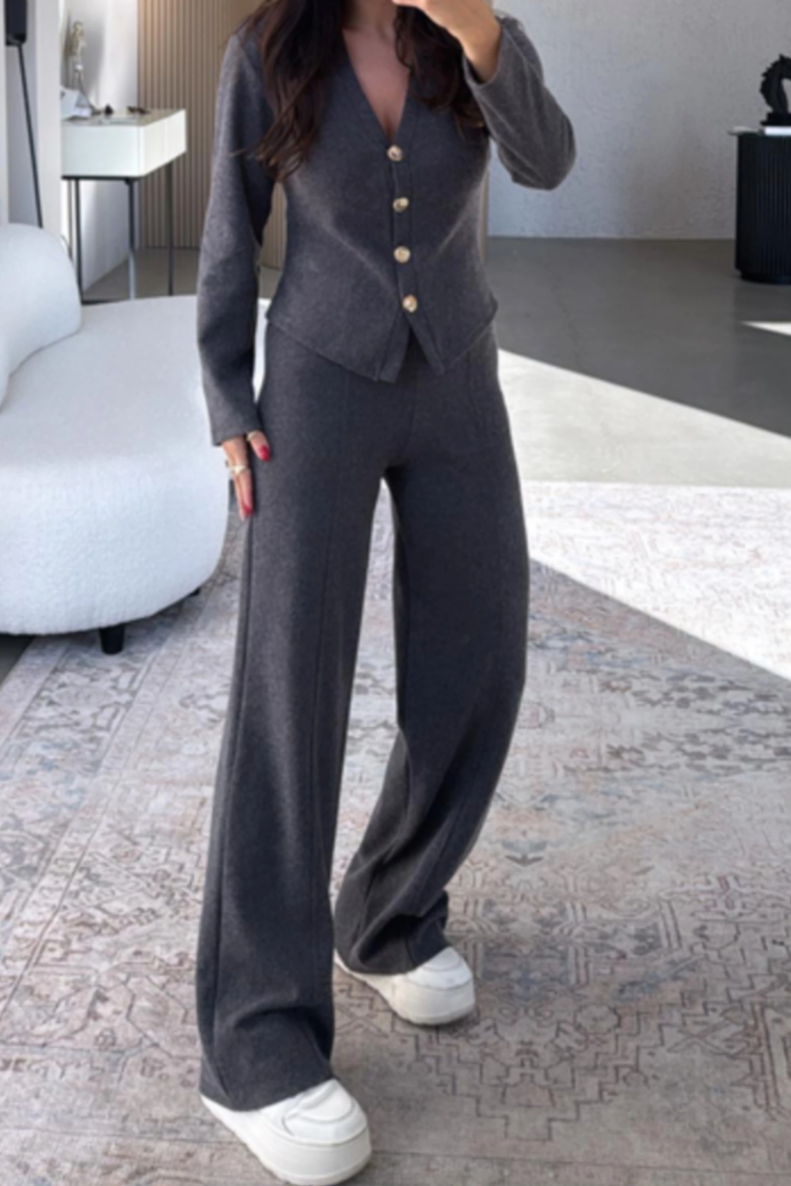 Vanessa Qısaqol Korduroy Kostyum - Nanə Yaşıl - Antrasit