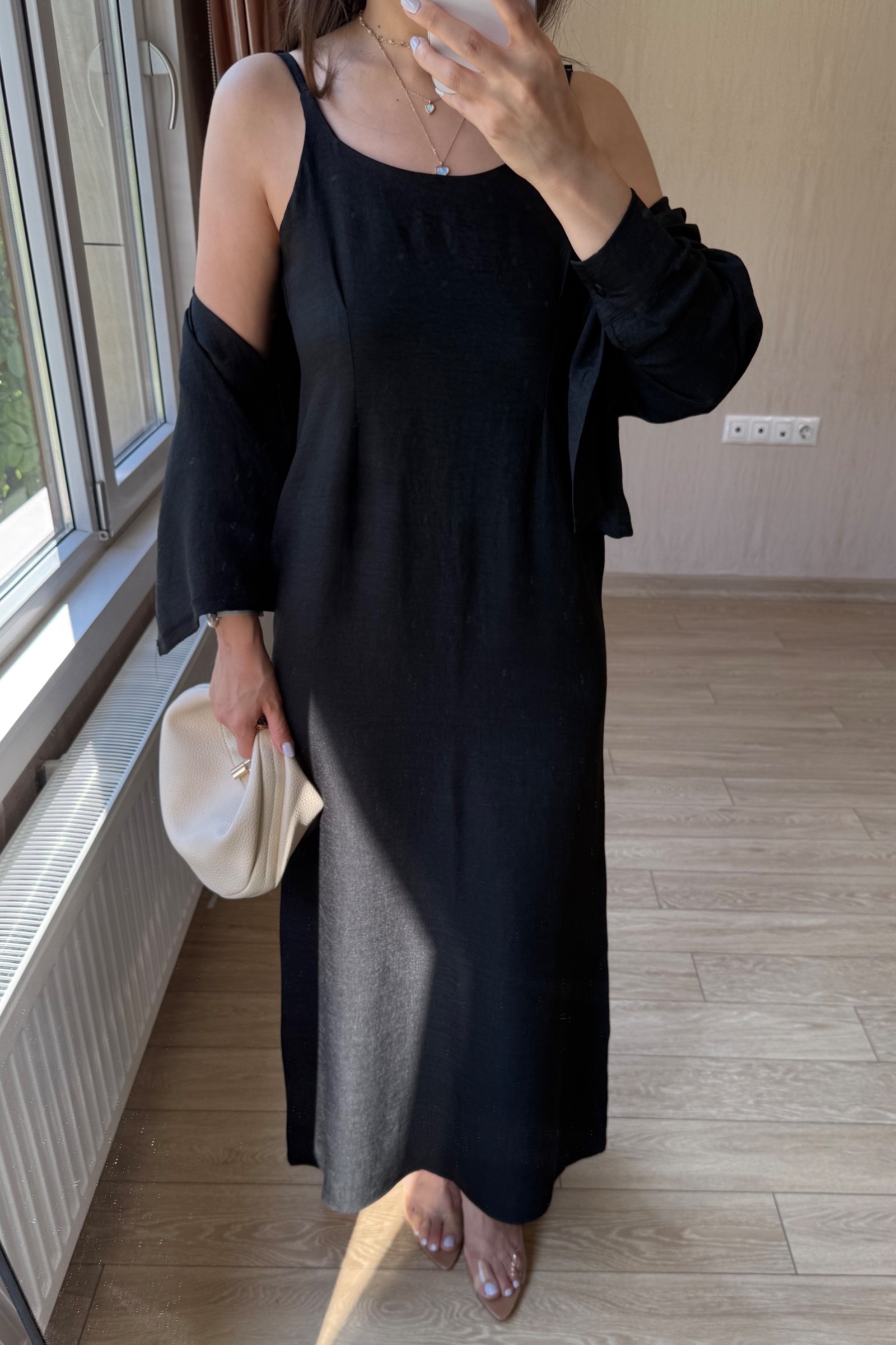 Tessia Maksi Boy Askılı Sofya Keten Kumaş Gömlekli Elbise Takım - Siyah