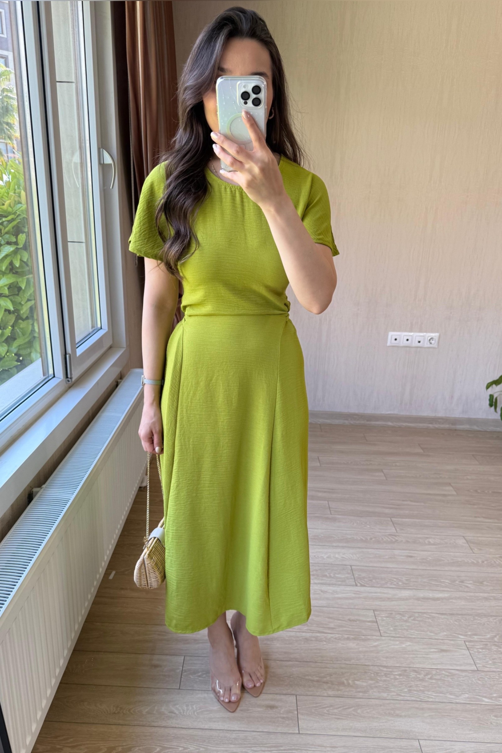 Bianca Belden Bağlamalı Ayrobin Kumaş Elbise - Yağ Yeşili