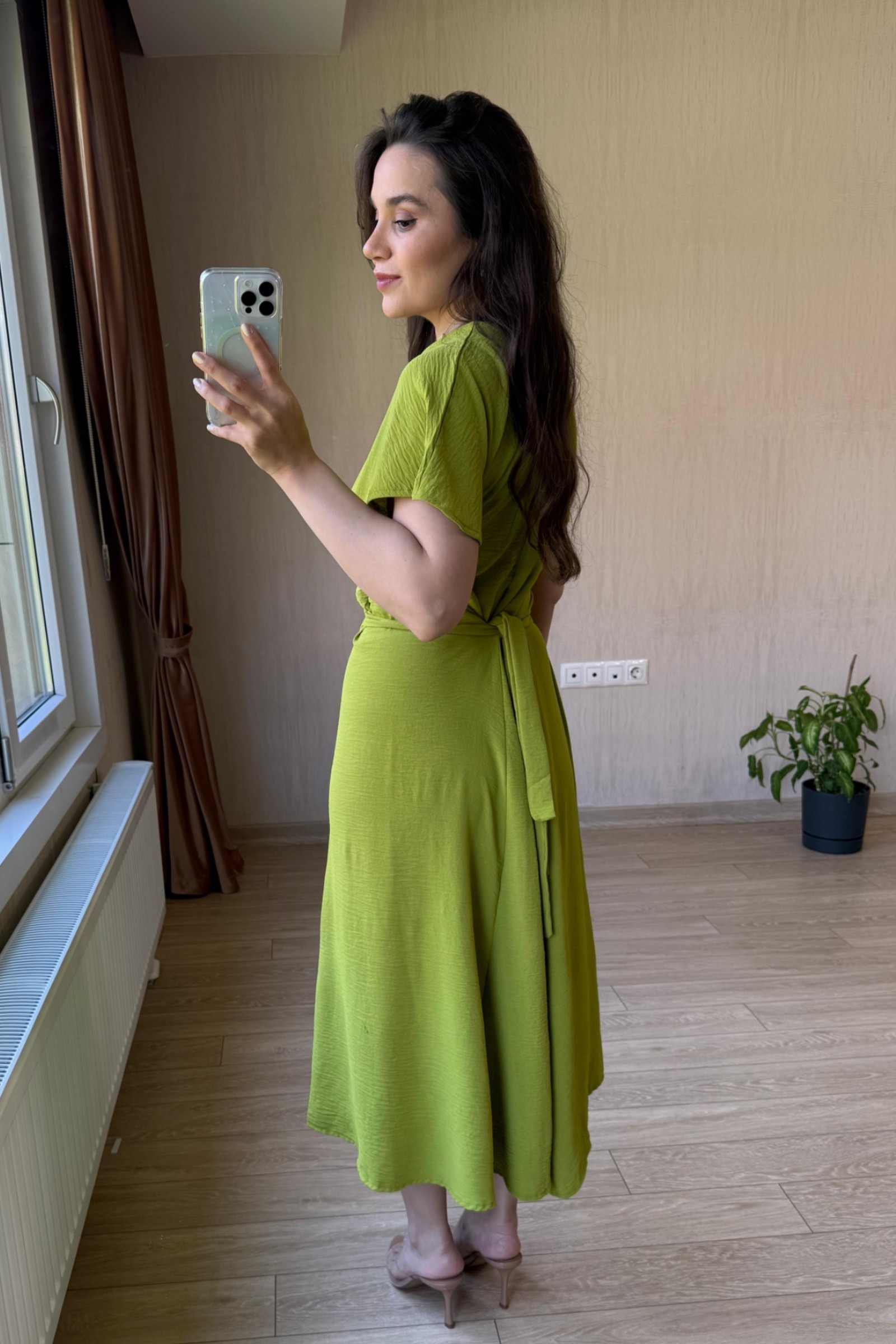 Bianca Belden Bağlamalı Ayrobin Kumaş Elbise - Yağ Yeşili