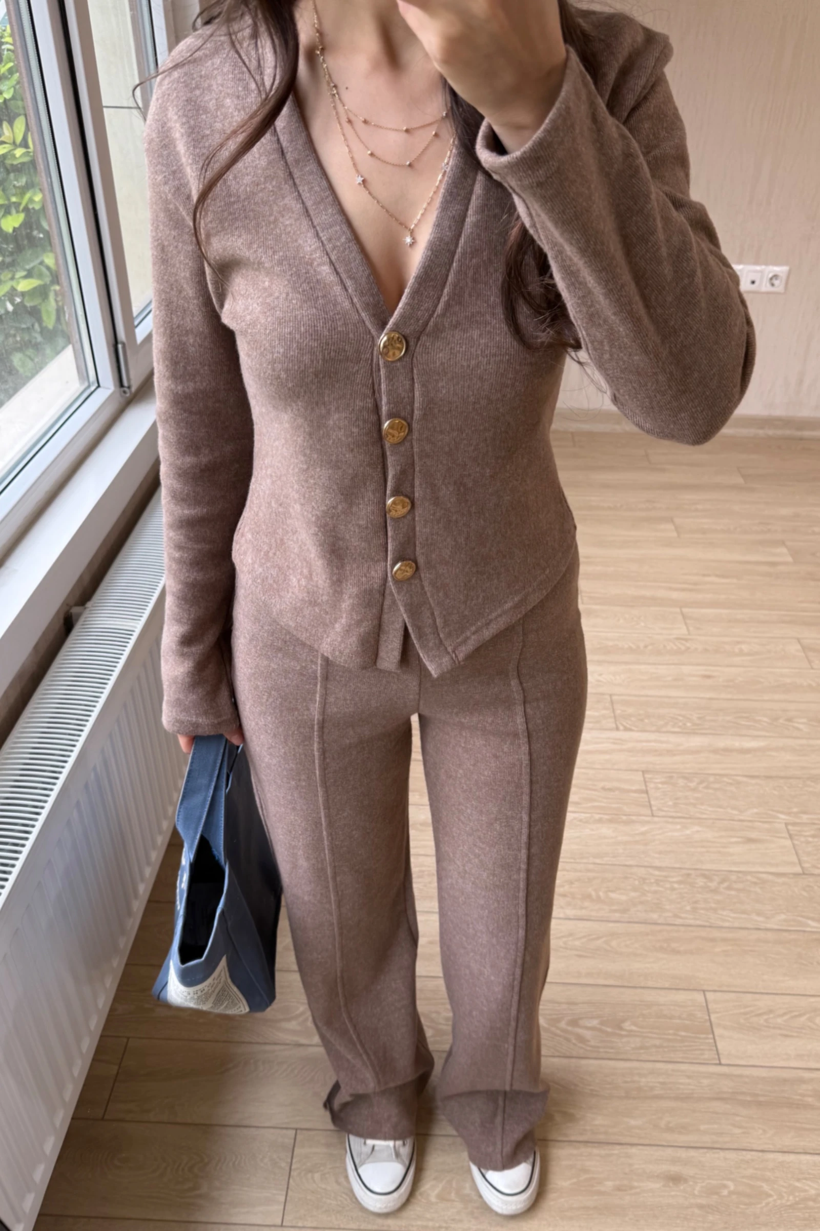 Vanessa Qısaqol Korduroy Kostyum - Nanə Yaşıl - Kahverengi