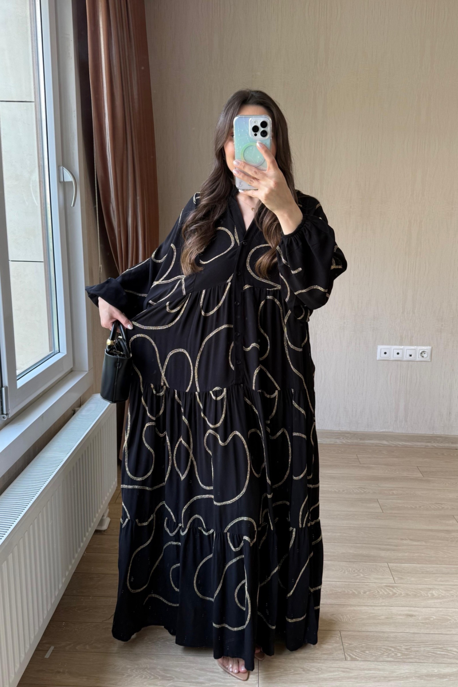 Orella Gold Dikiş Desenli Viskon Kumaş Elbise - Siyah