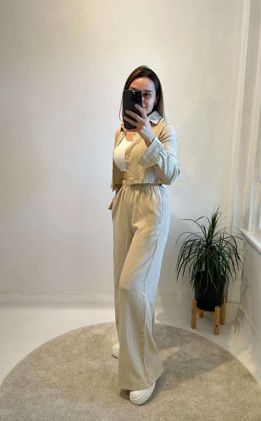 Lena Bej Kısa Gömlekli Gofre Takım