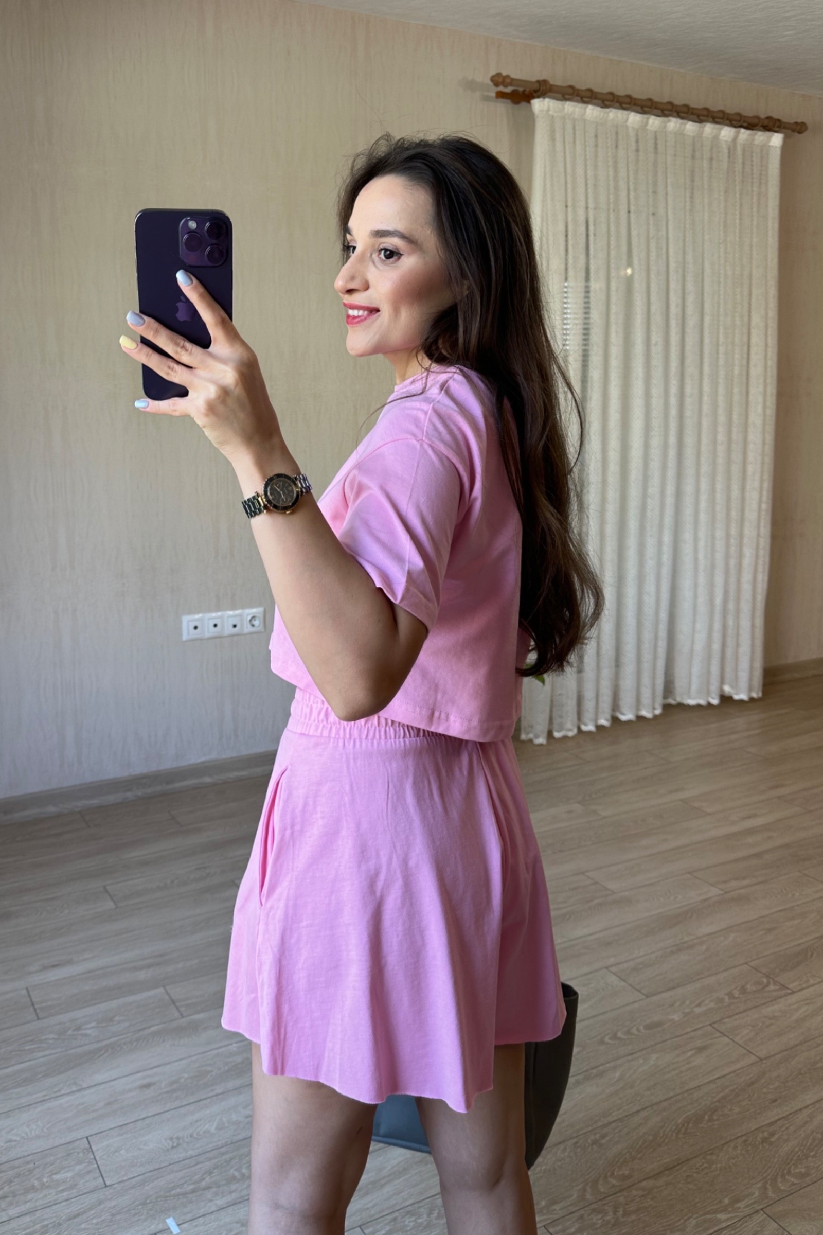 Mily İki İplik Kumaş Şort Tişört Takım - Pembe